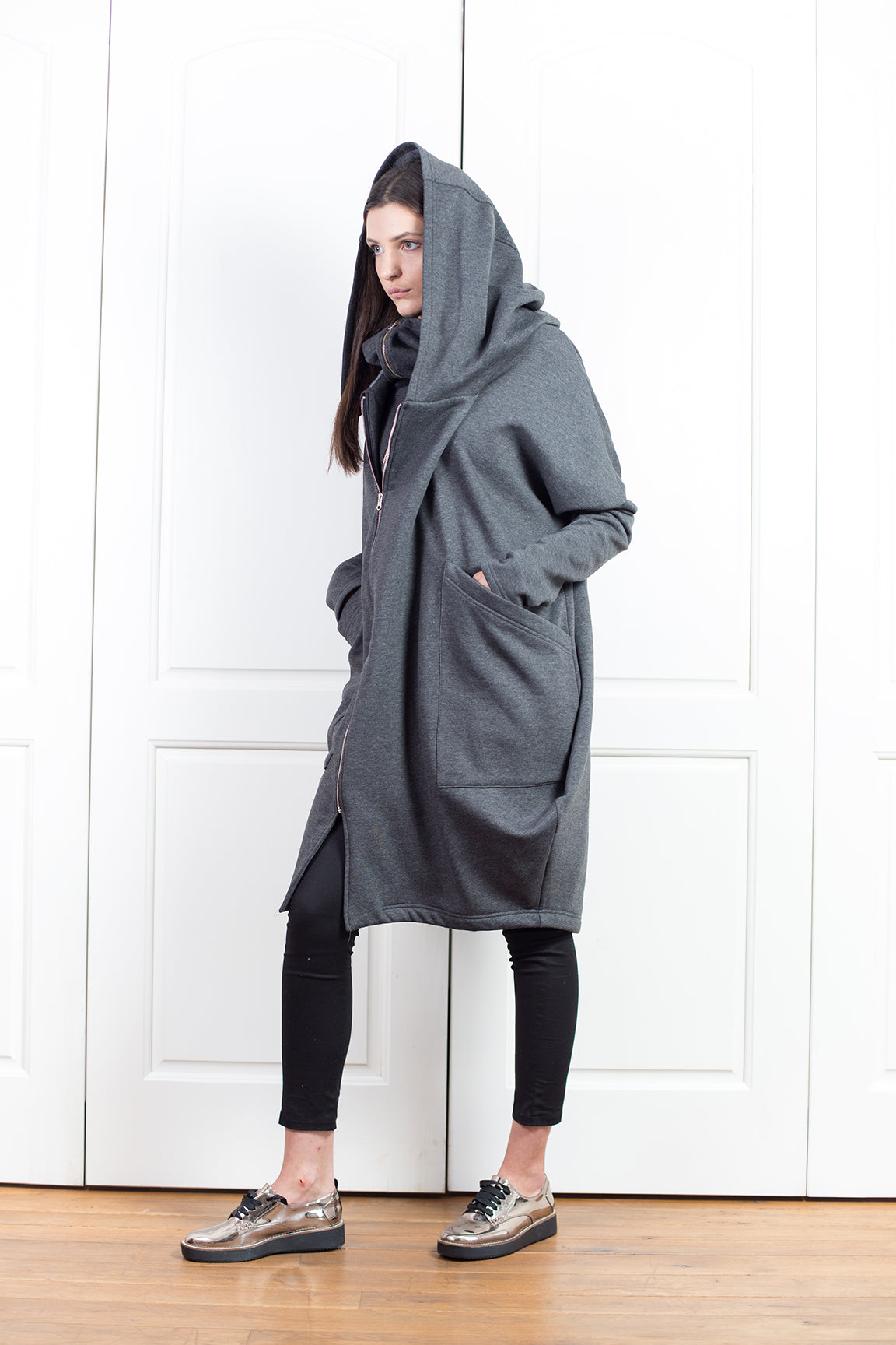 Dark Grey Zipper Hooded Jacket