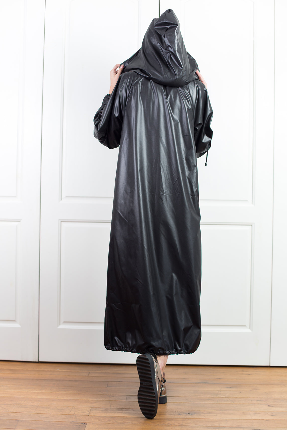 Black Hooded Long Rain Jacket