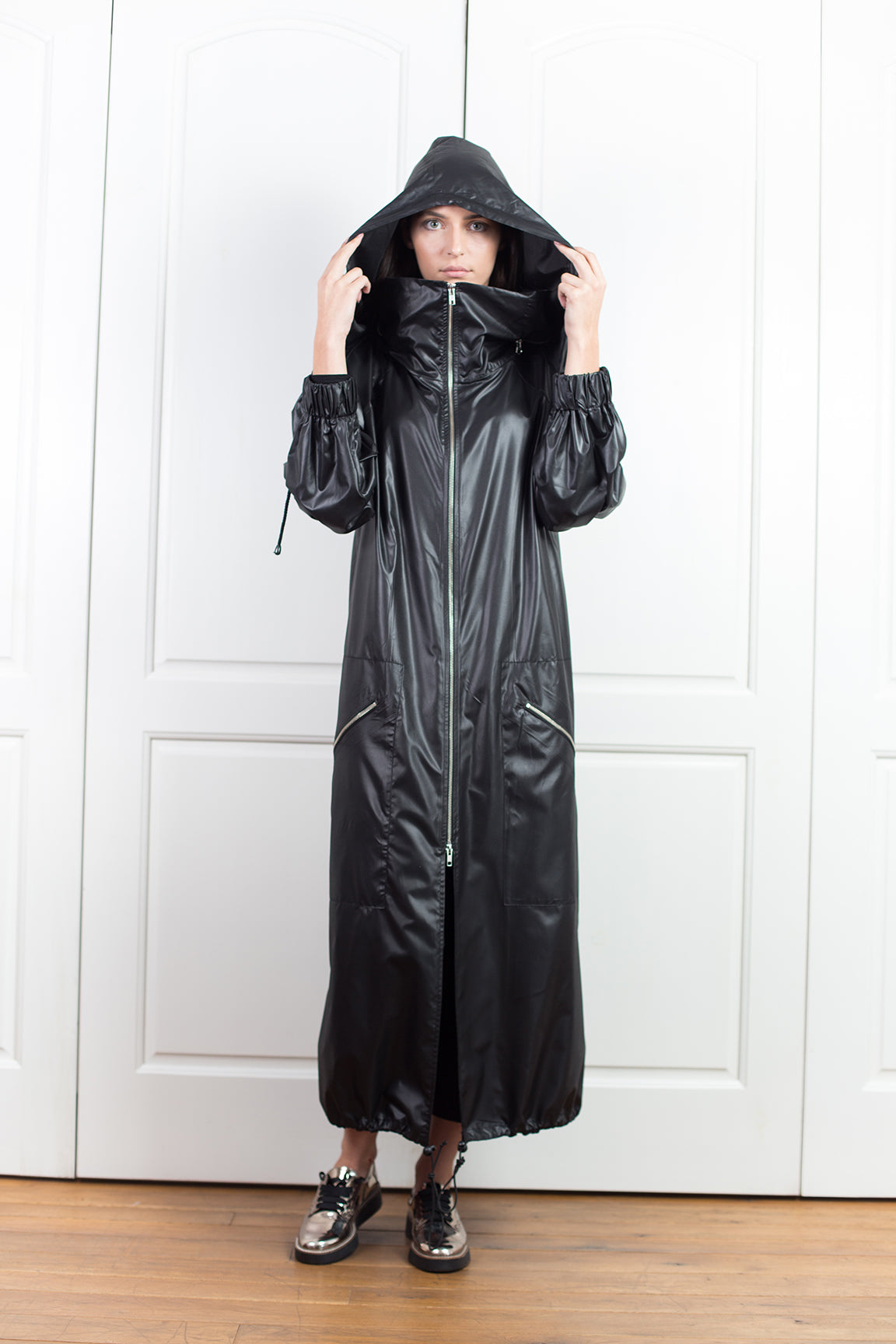 Black Hooded Long Rain Jacket