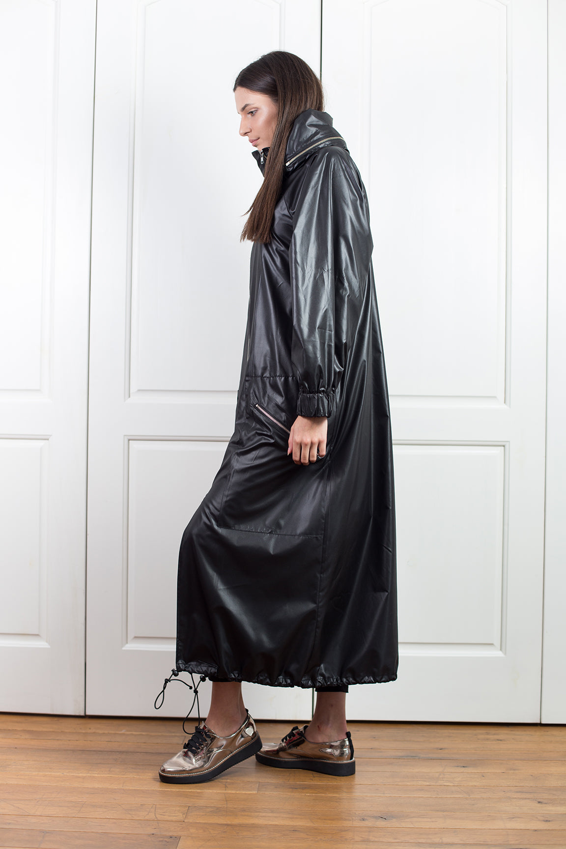 Black Hooded Long Rain Jacket