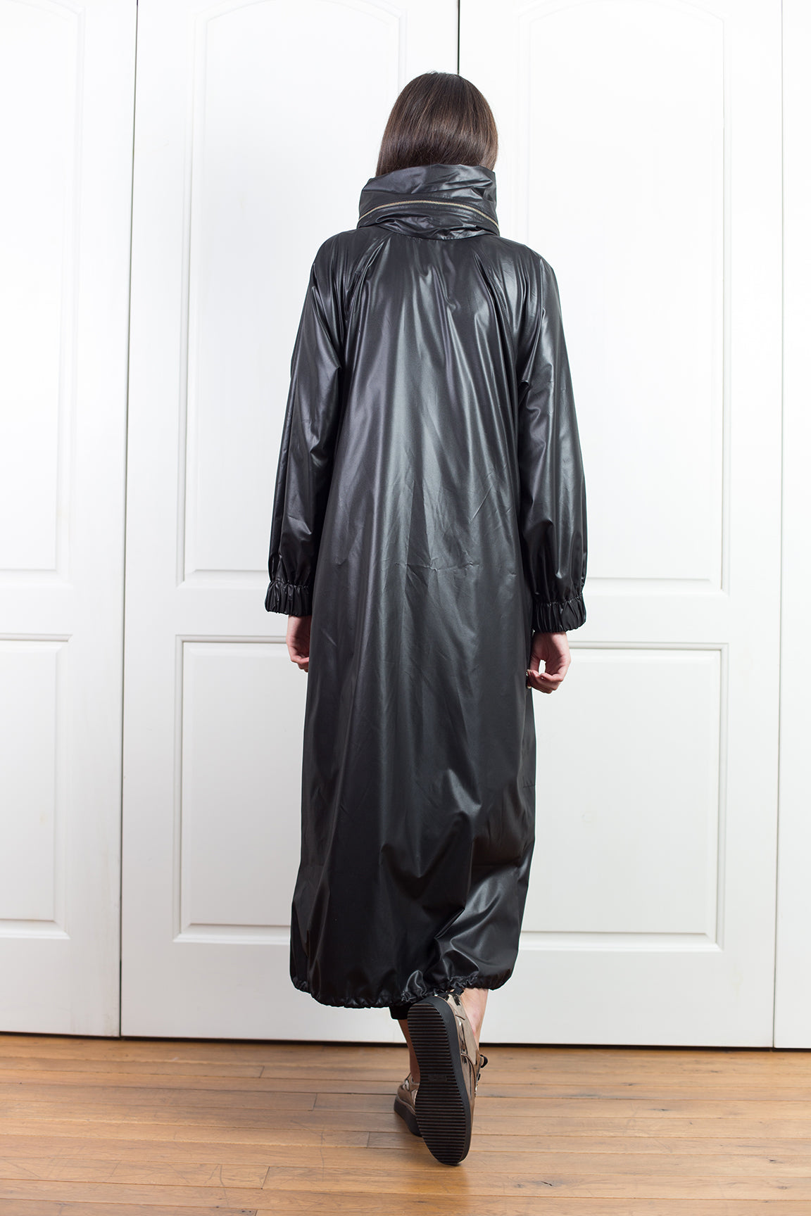 Black Hooded Long Rain Jacket