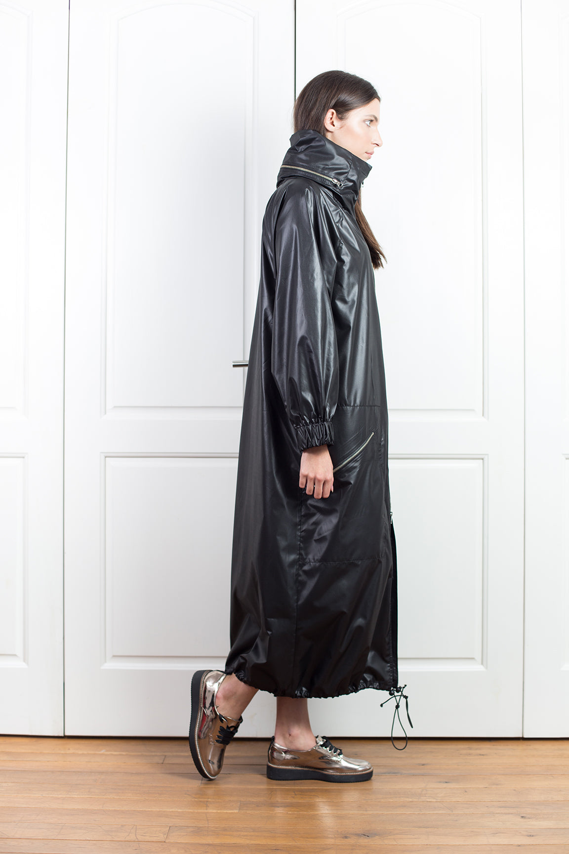 Black Hooded Long Rain Jacket