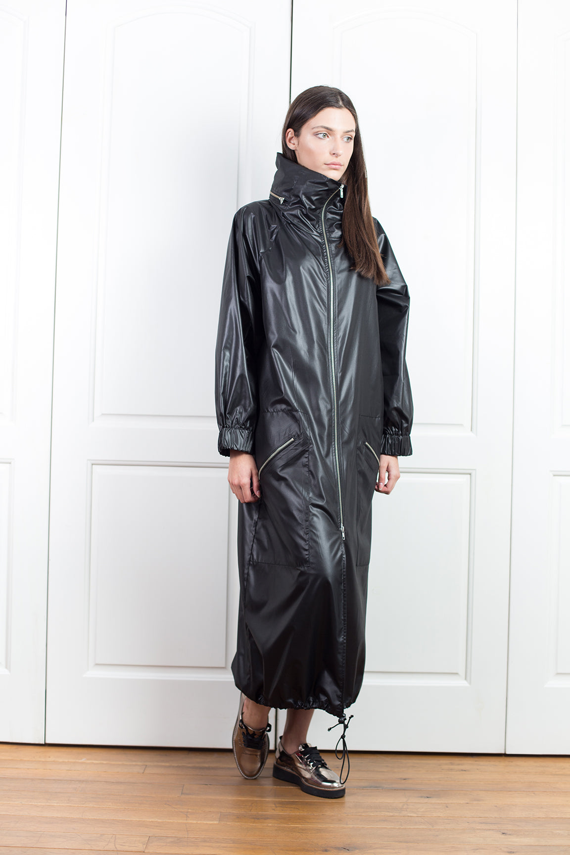 Black Hooded Long Rain Jacket