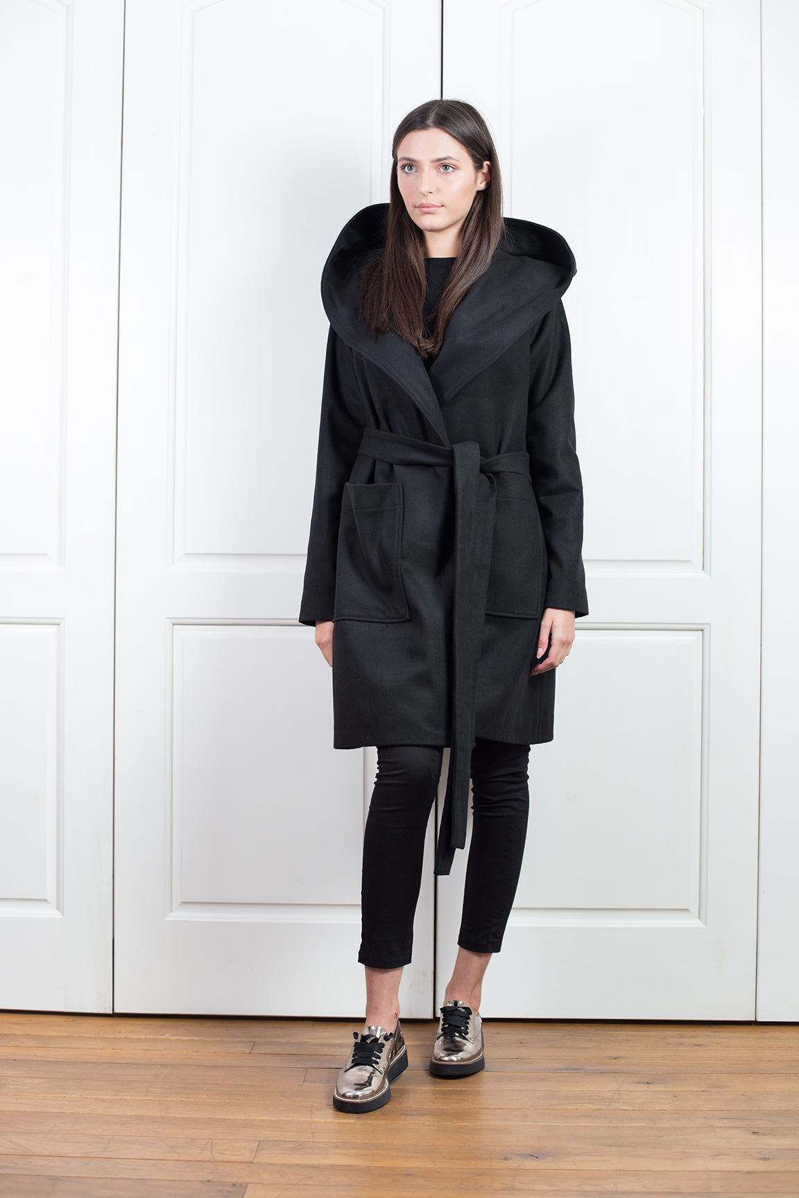 Black Hooded Wool Coat