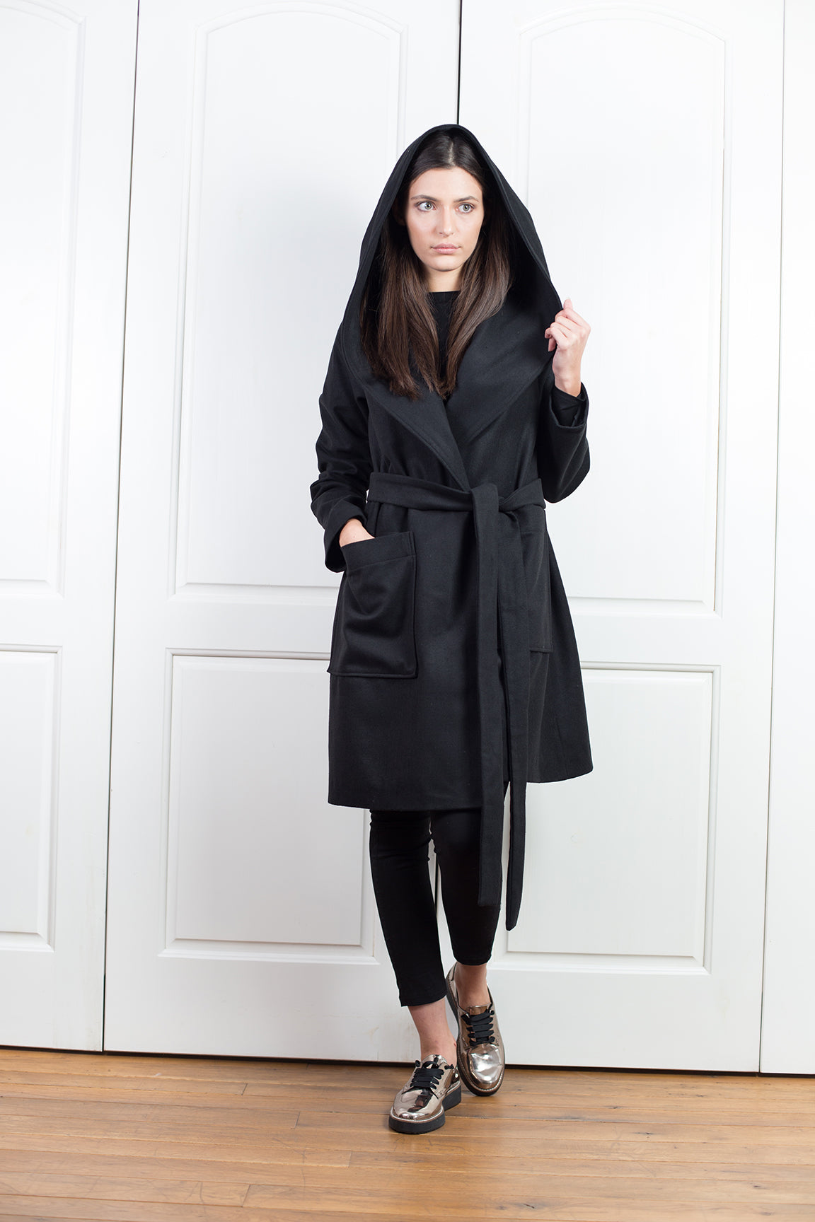 Black Hooded Wool Coat