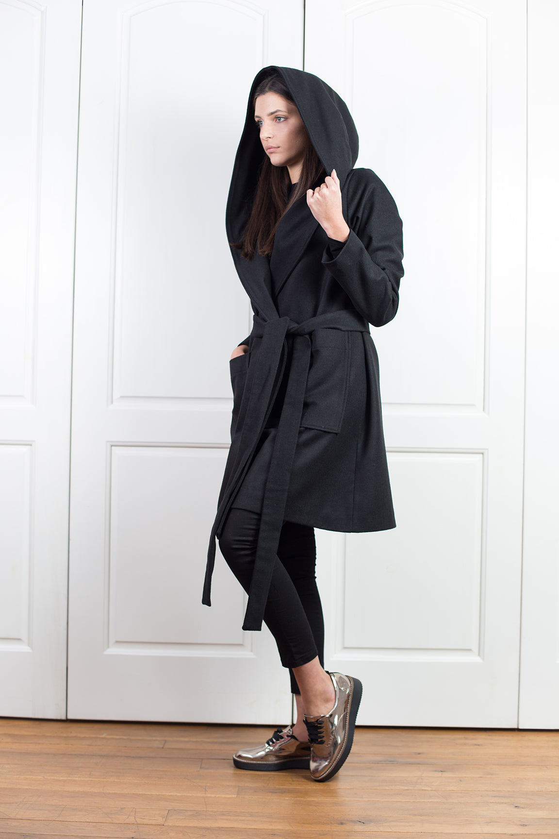 Black Hooded Wool Coat