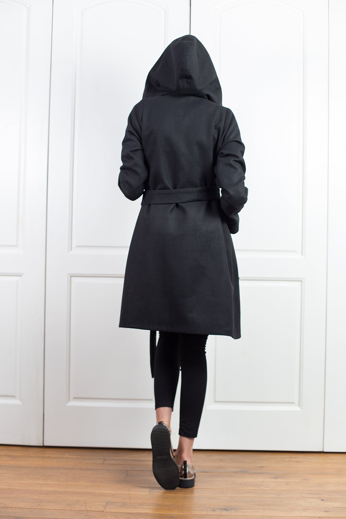 Black Hooded Wool Coat