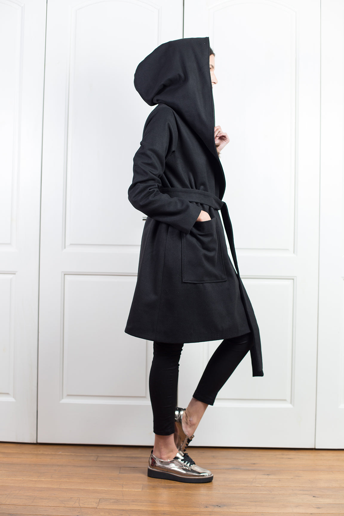 Black Hooded Wool Coat