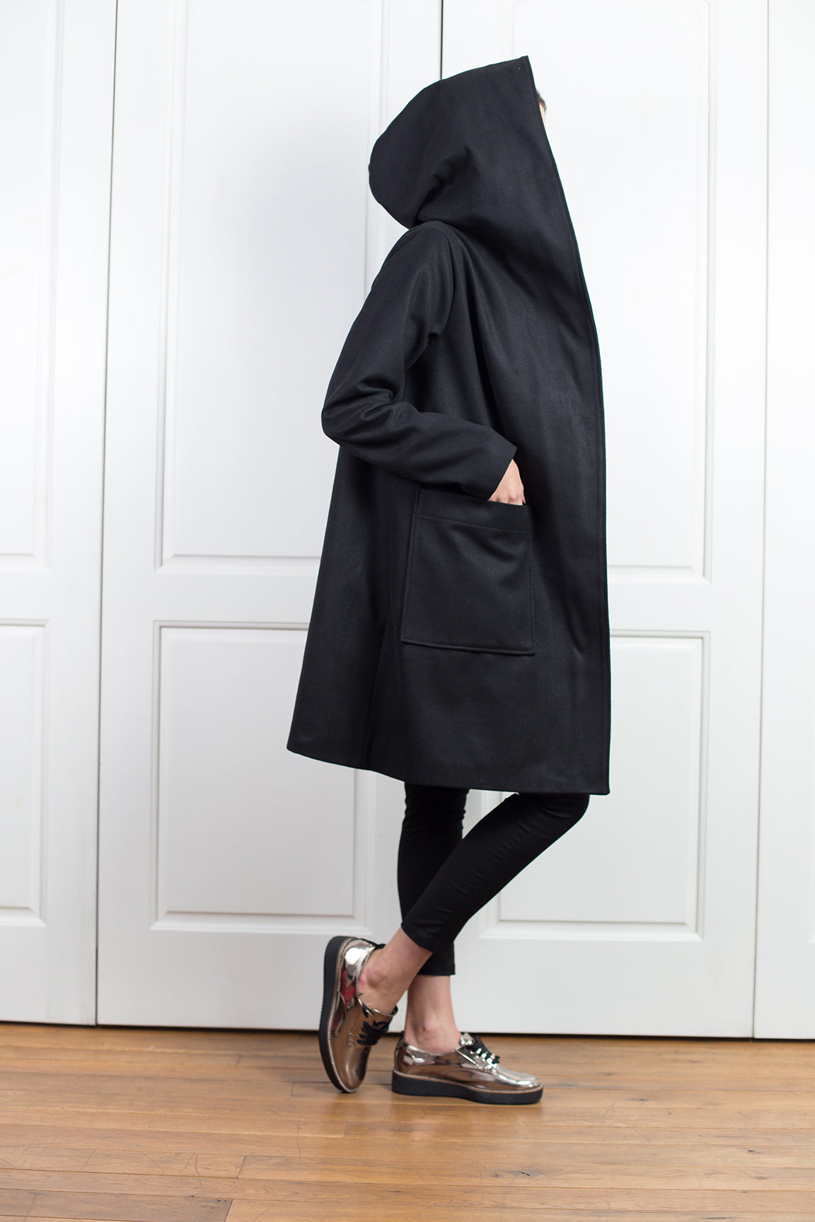 Black Hooded Wool Coat