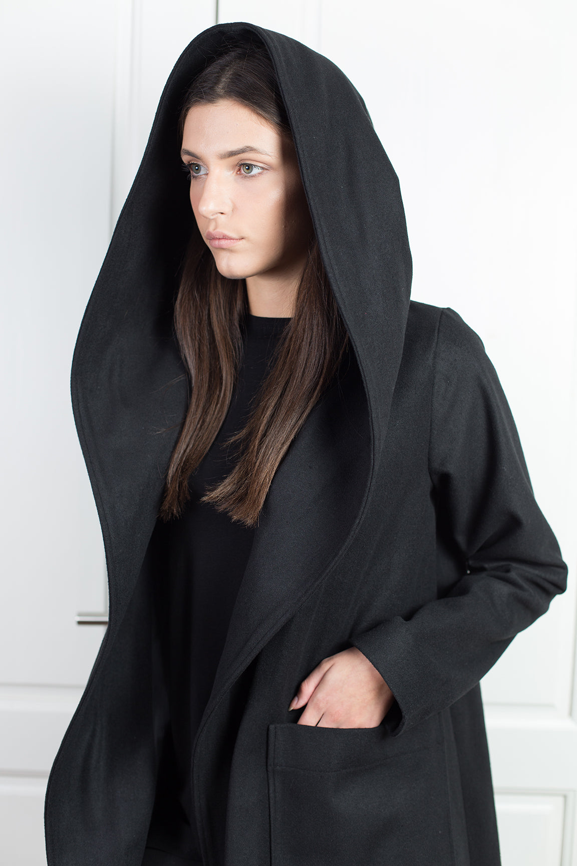 Black Hooded Wool Coat