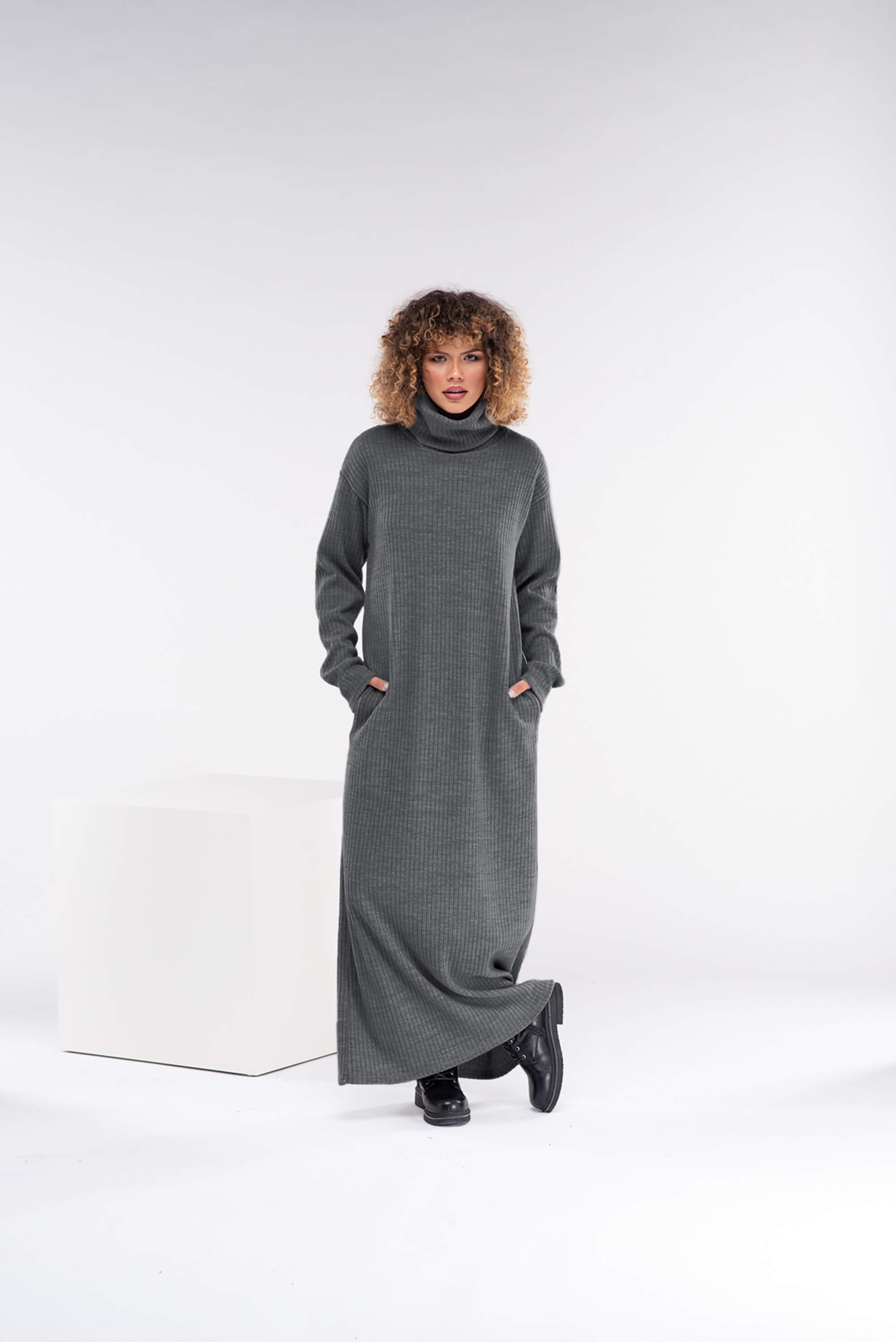 Dark Grey Long Wool Knitted Dress