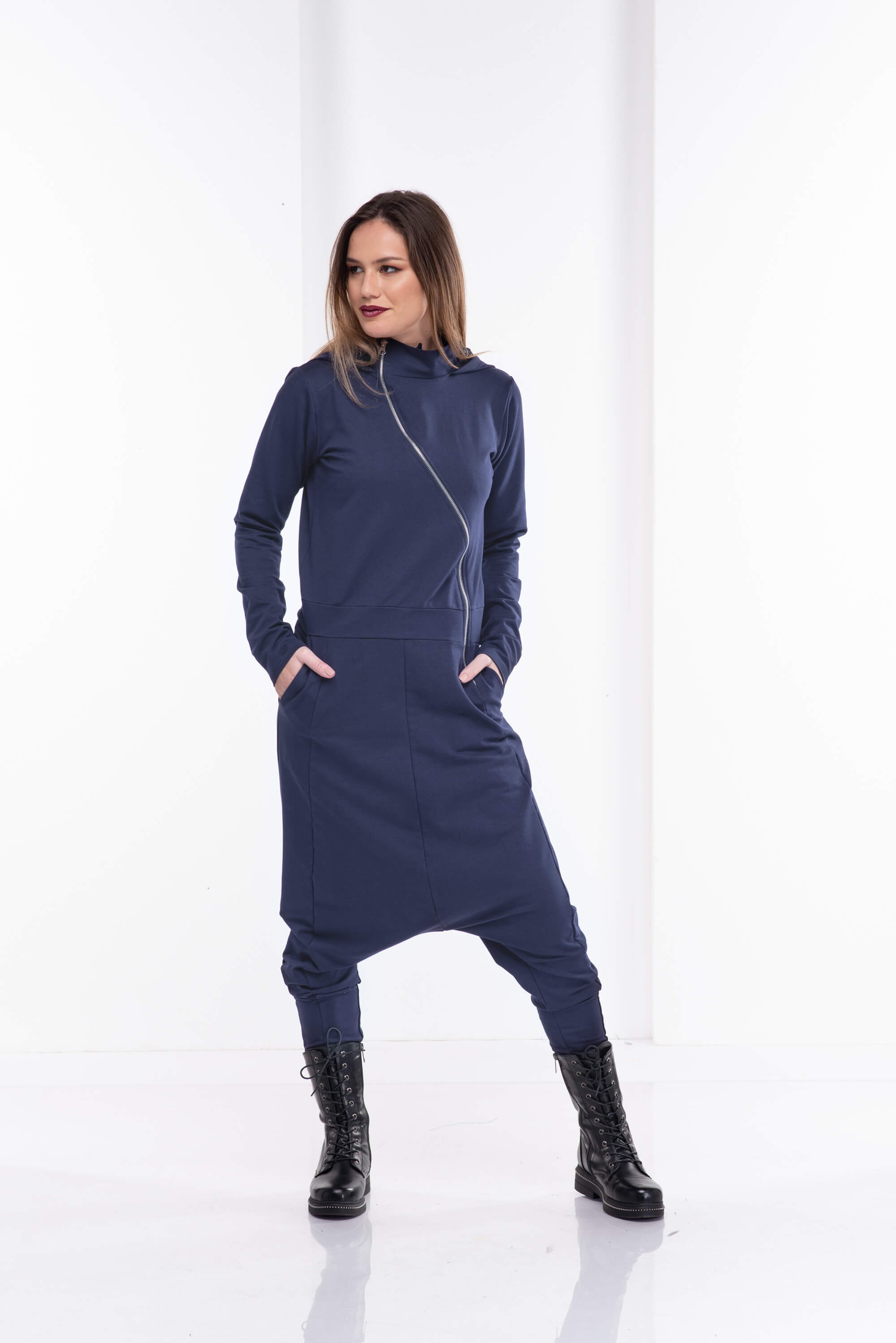 Dark Blue Extravagant Zipper Hooded Jumpsuit