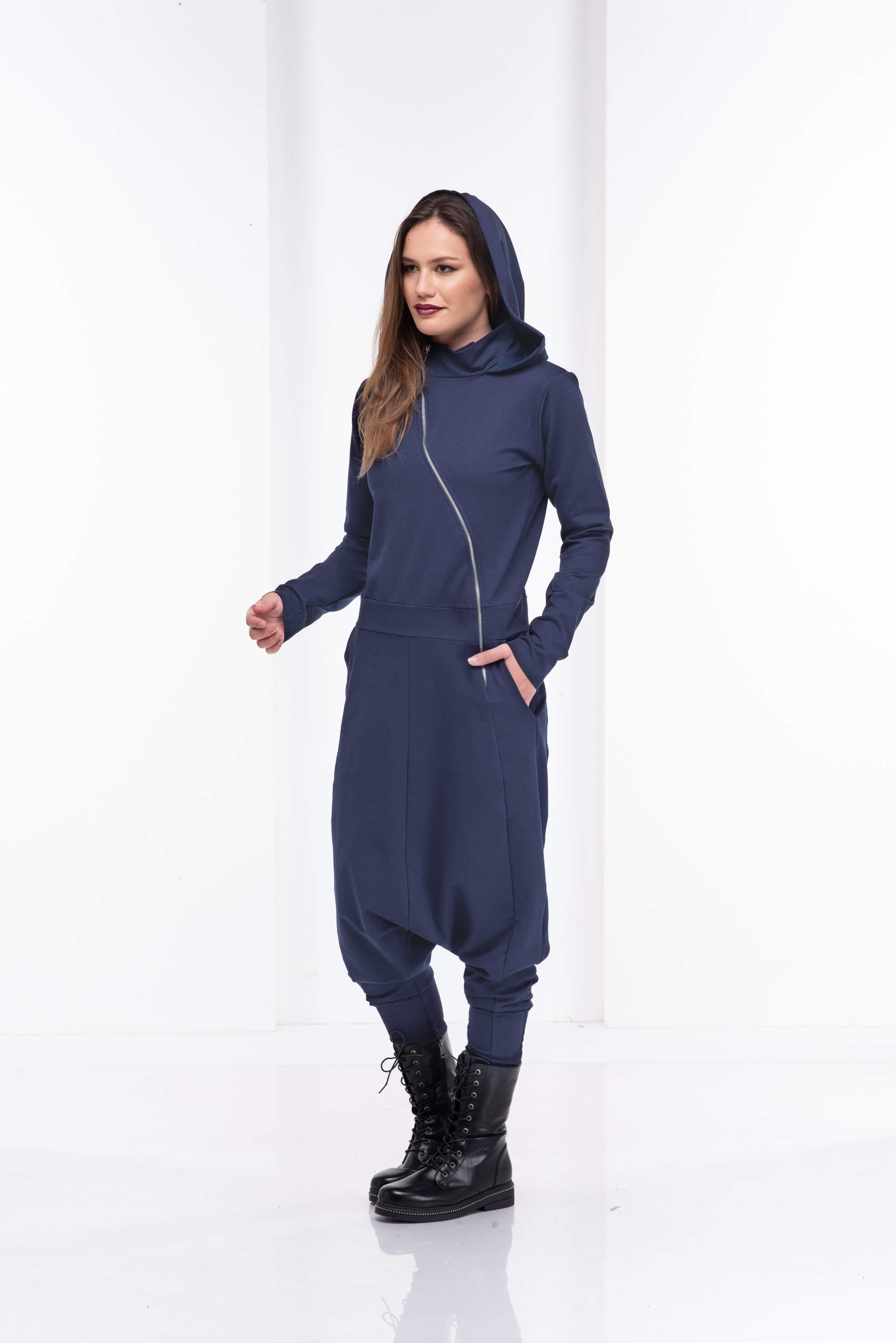 Dark Blue Extravagant Zipper Hooded Jumpsuit