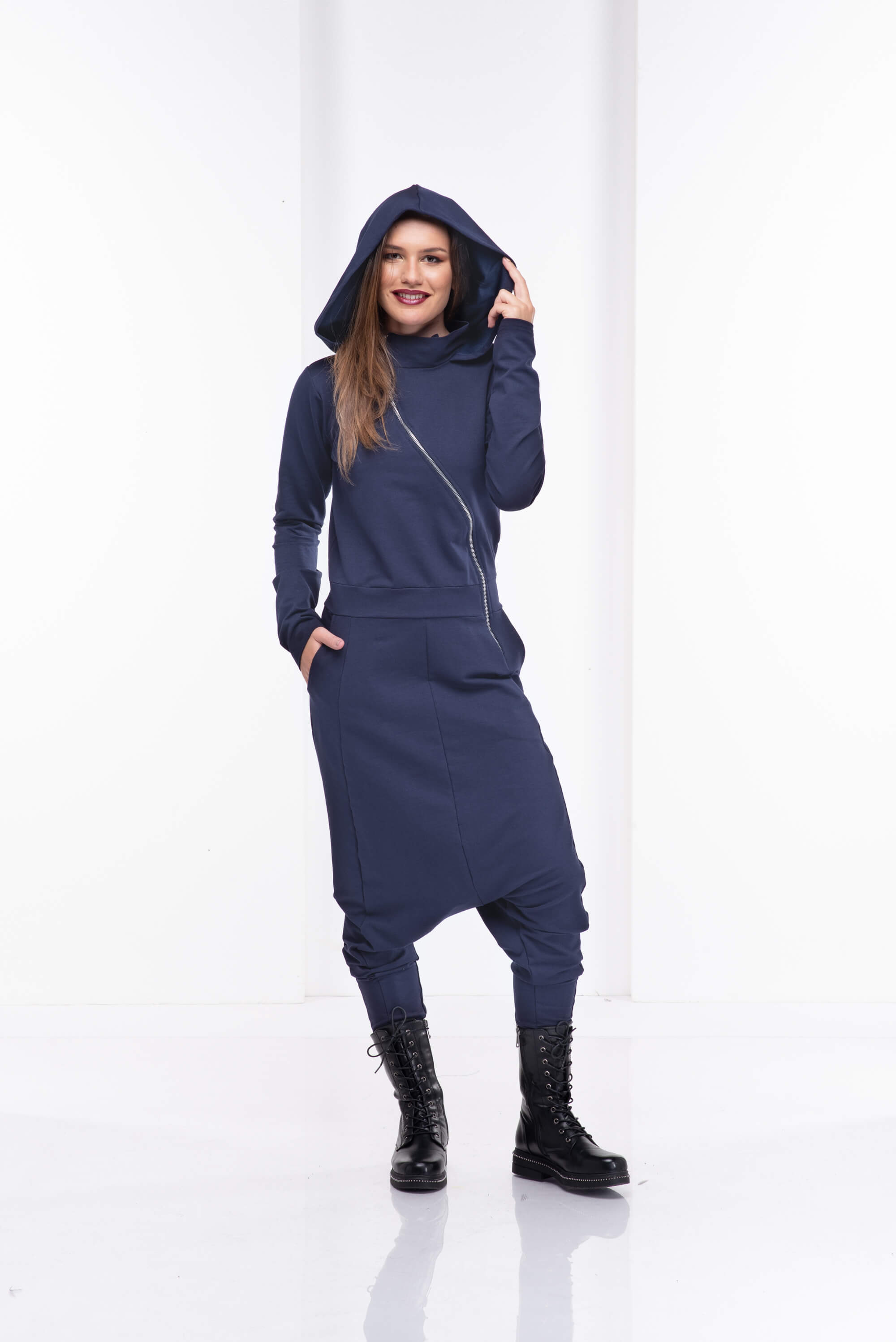 Dark Blue Extravagant Zipper Hooded Jumpsuit