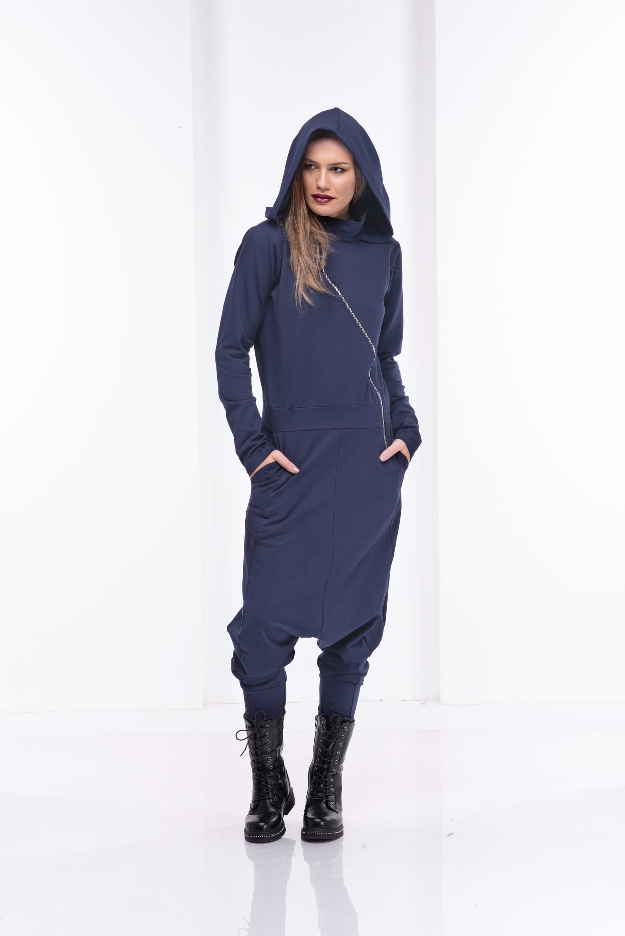 Dark Blue Extravagant Zipper Hooded Jumpsuit