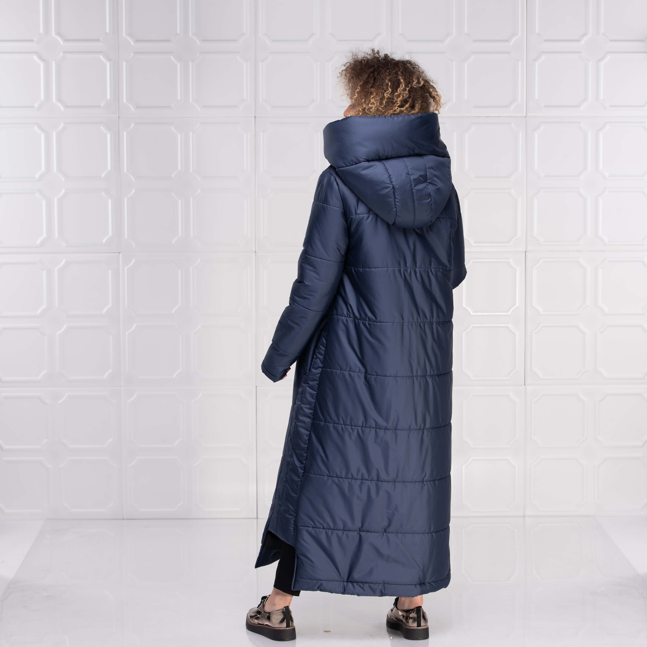 Dark Blue Asymmetrical Puffer Down Jacket