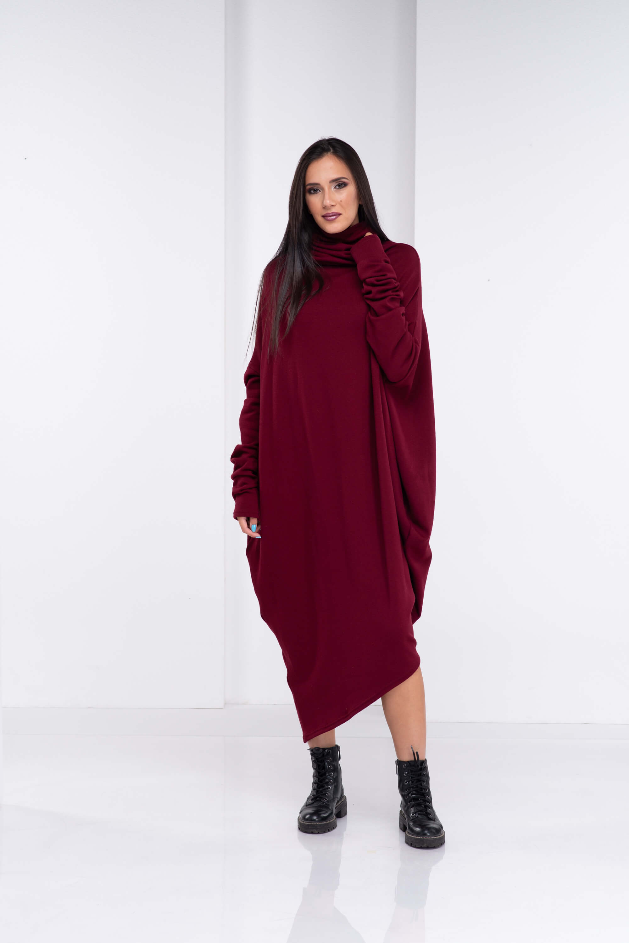 Burgundy Asymmetrical Sweater Dress