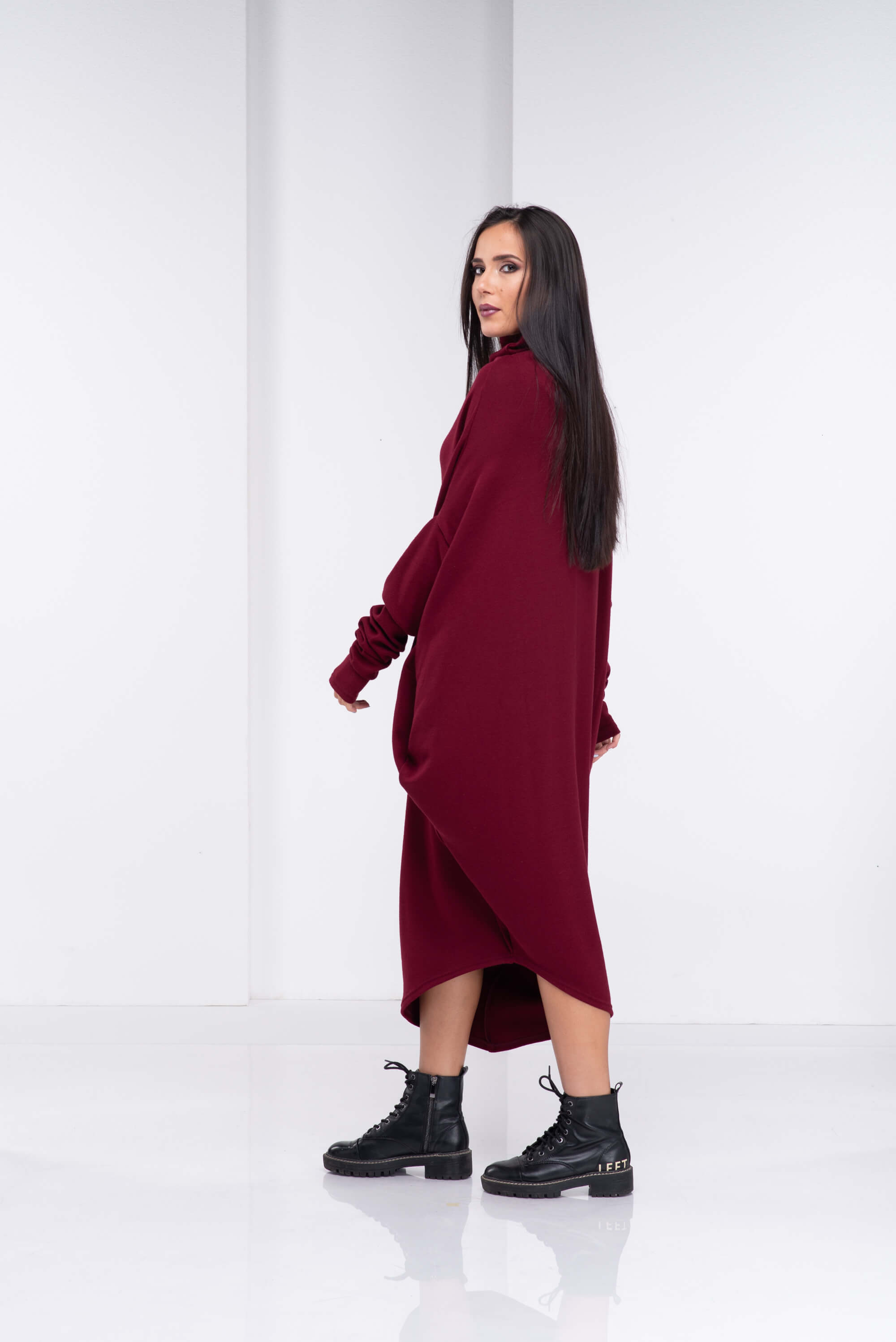 Burgundy Asymmetrical Sweater Dress