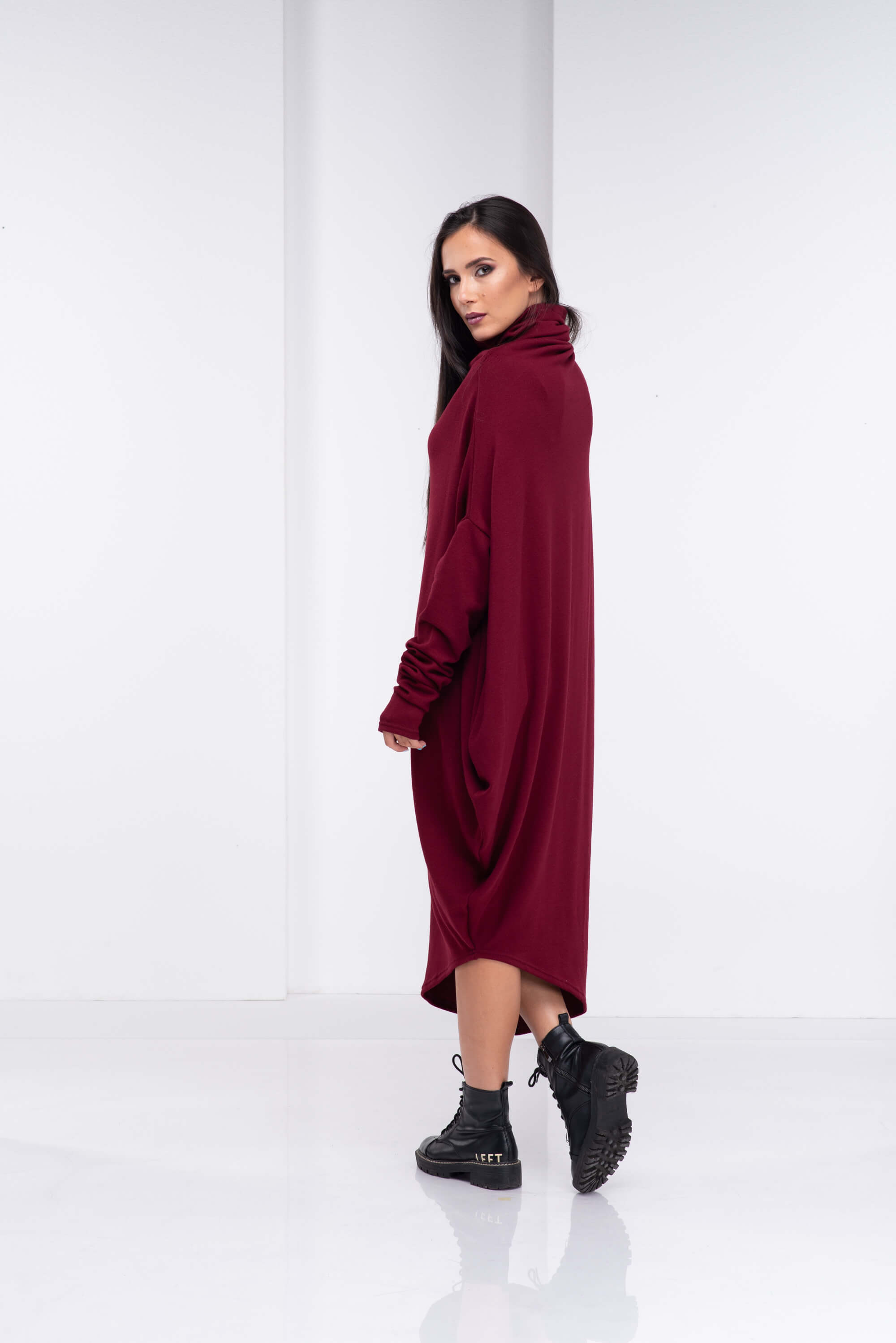 Burgundy Asymmetrical Sweater Dress