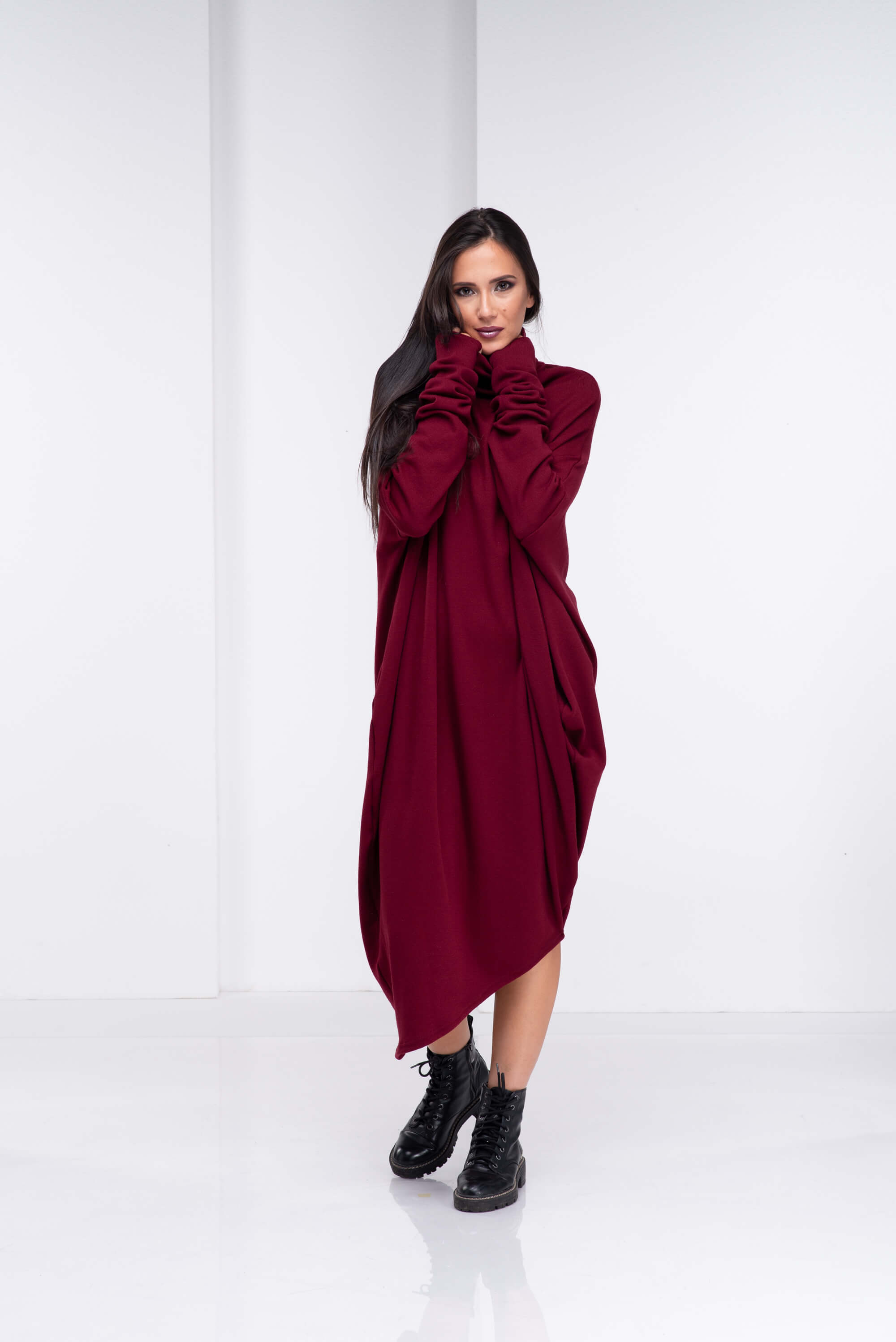 Burgundy Asymmetrical Sweater Dress