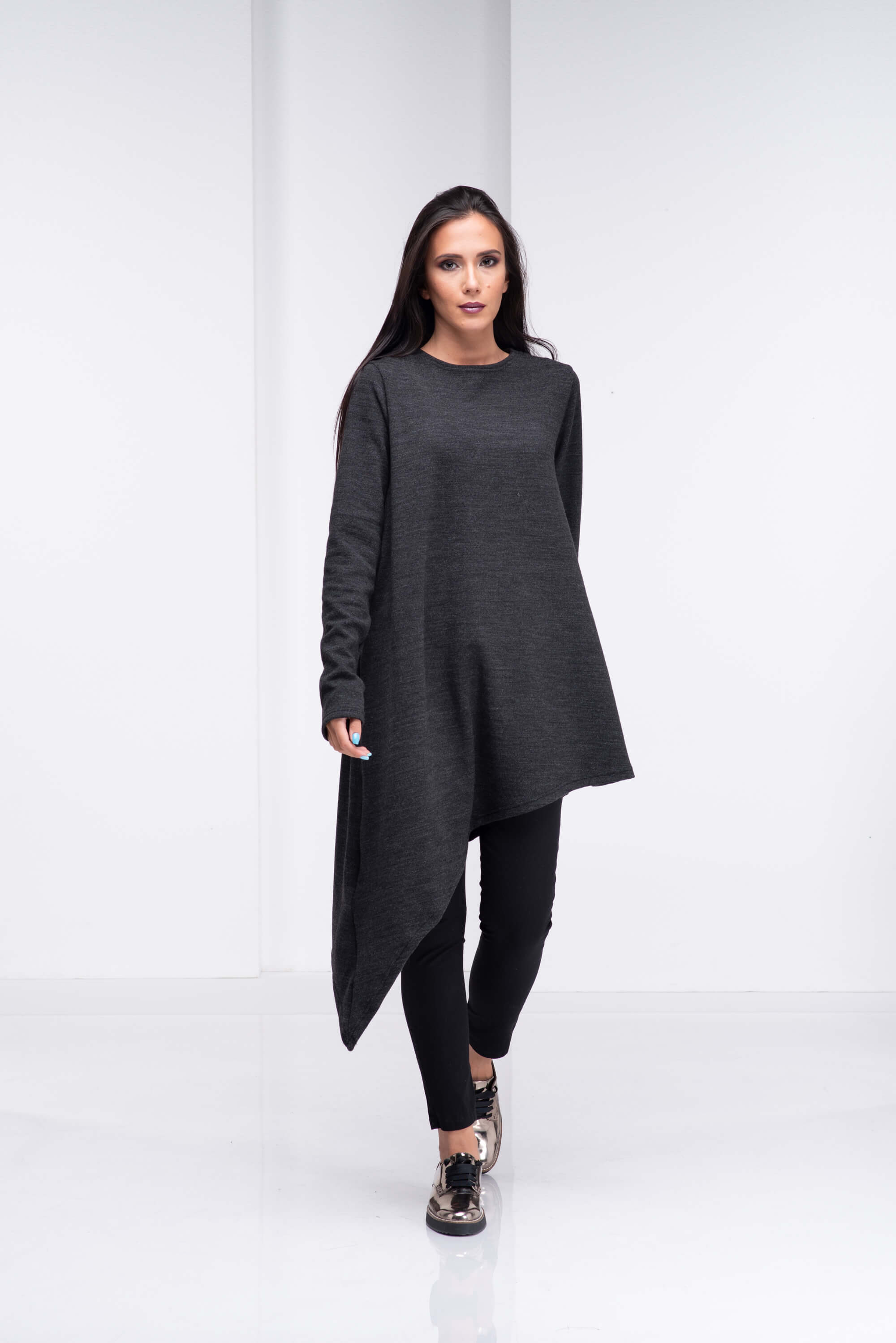 Dark Grey Asymmetrical Wool Maxi Sweater