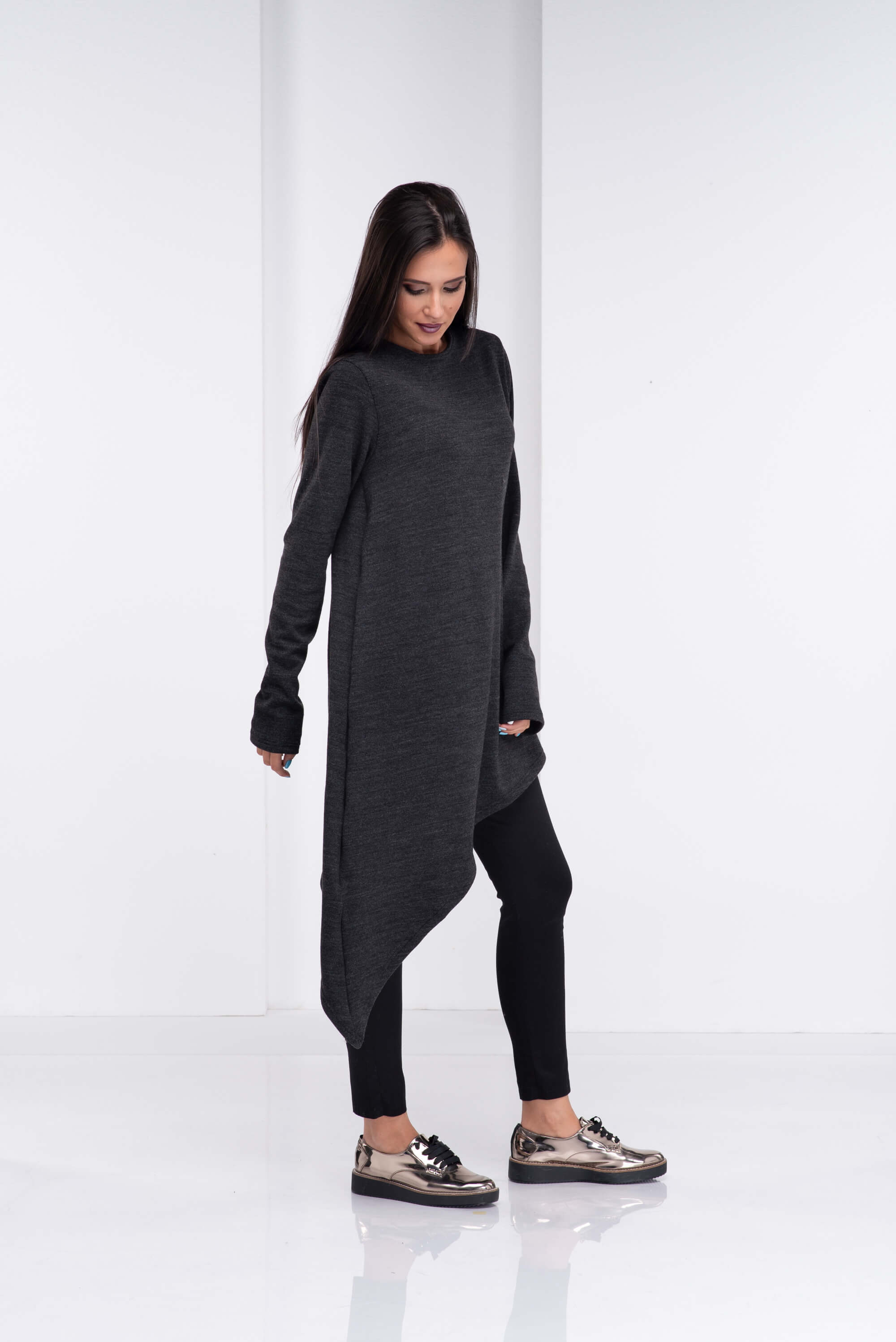 Dark Grey Asymmetrical Wool Maxi Sweater