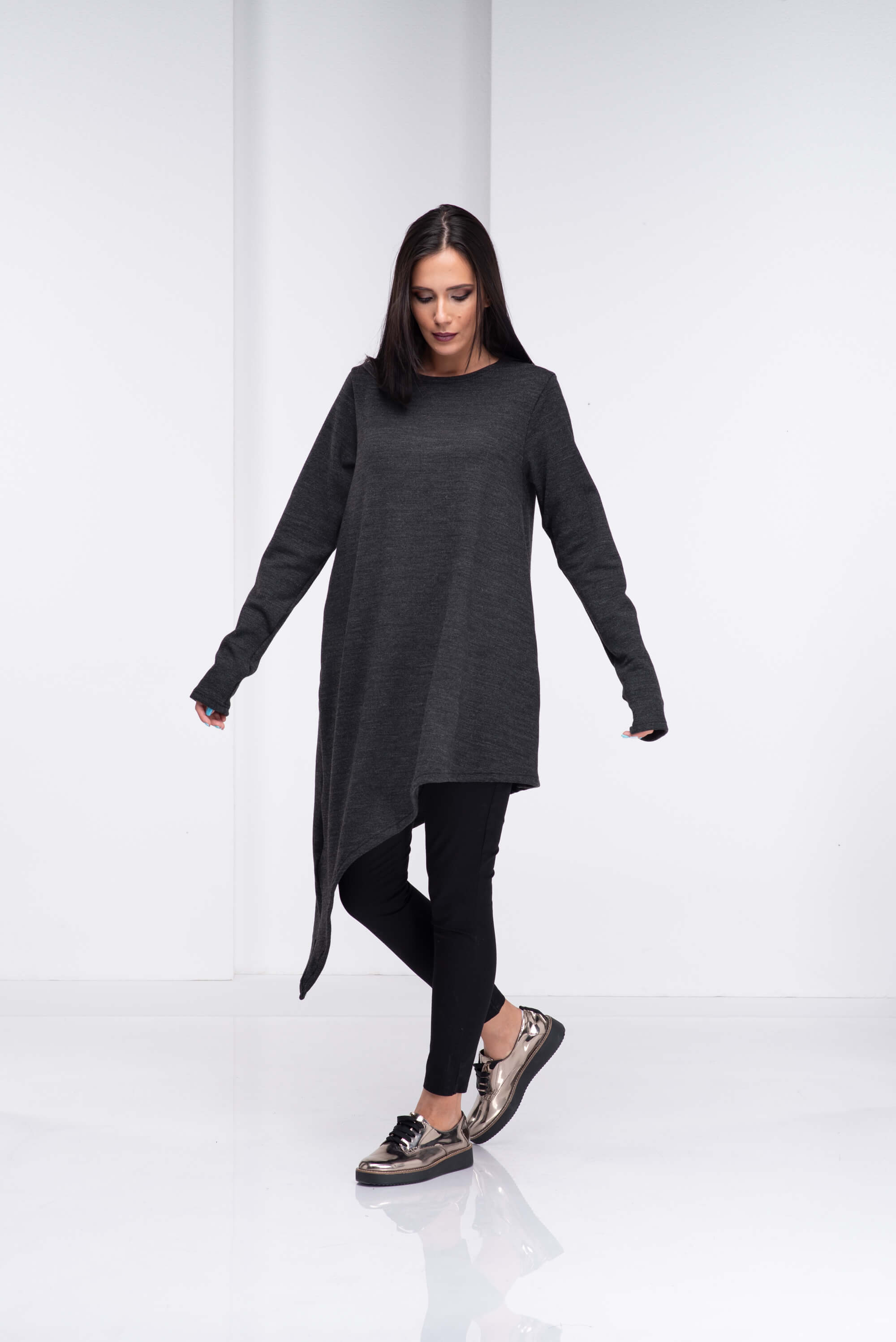 Dark Grey Asymmetrical Wool Maxi Sweater