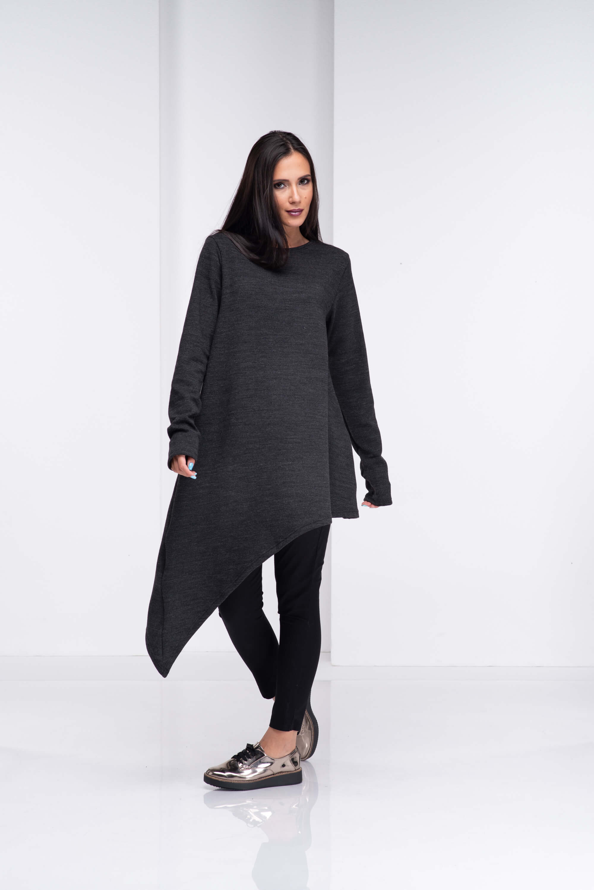 Dark Grey Asymmetrical Wool Maxi Sweater