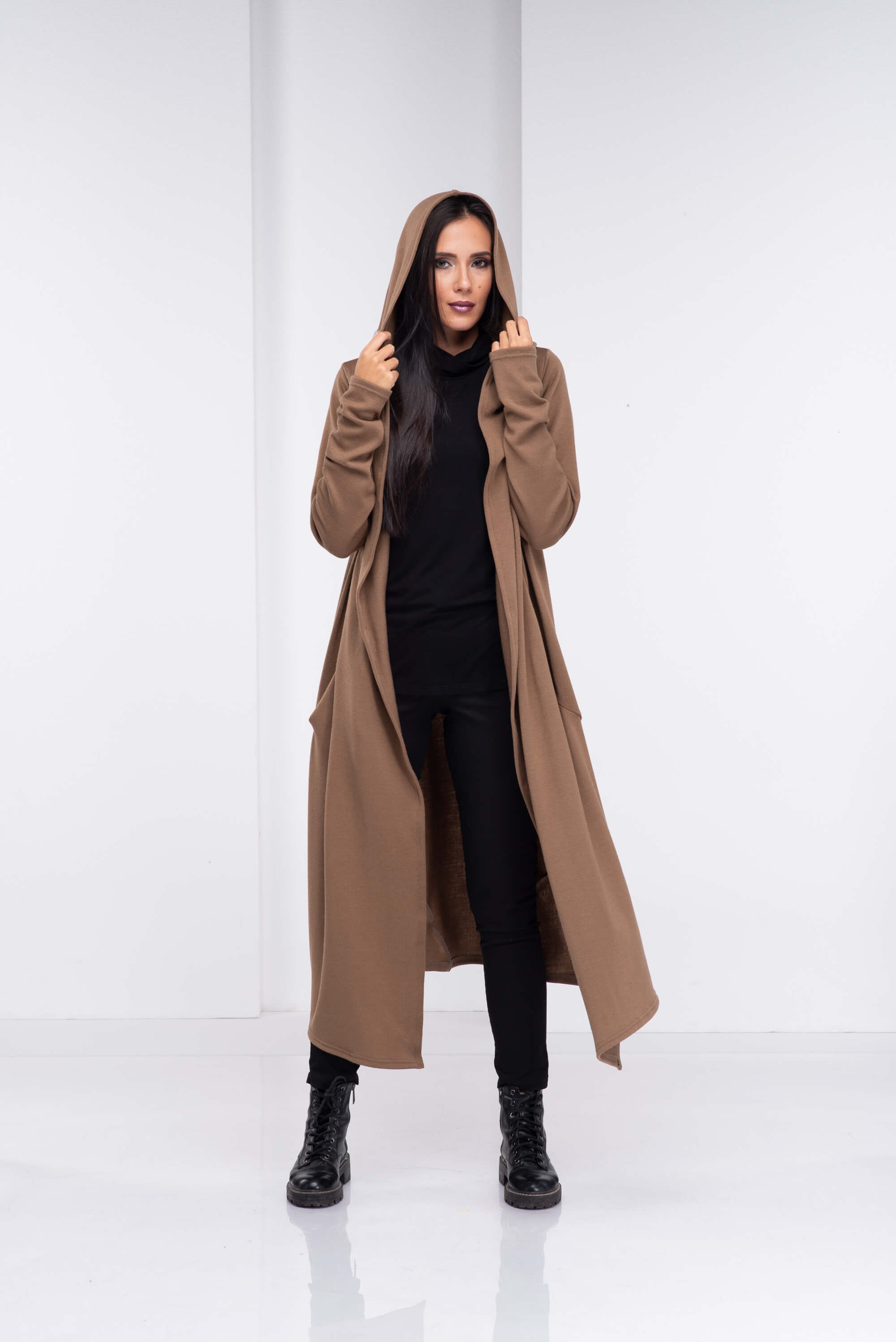 Camel Winter Hooded Cardigan Coat