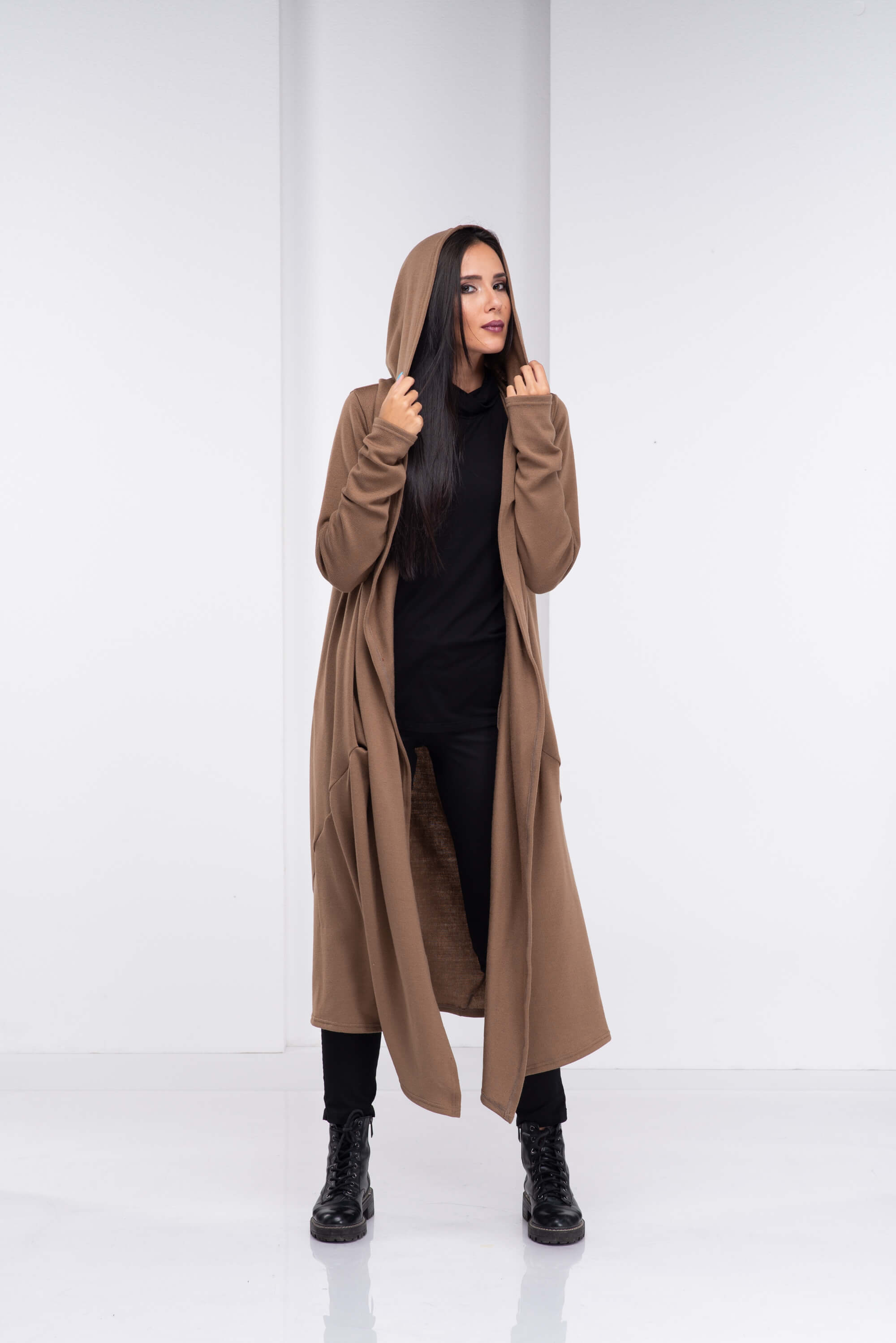 Camel Winter Hooded Cardigan Coat