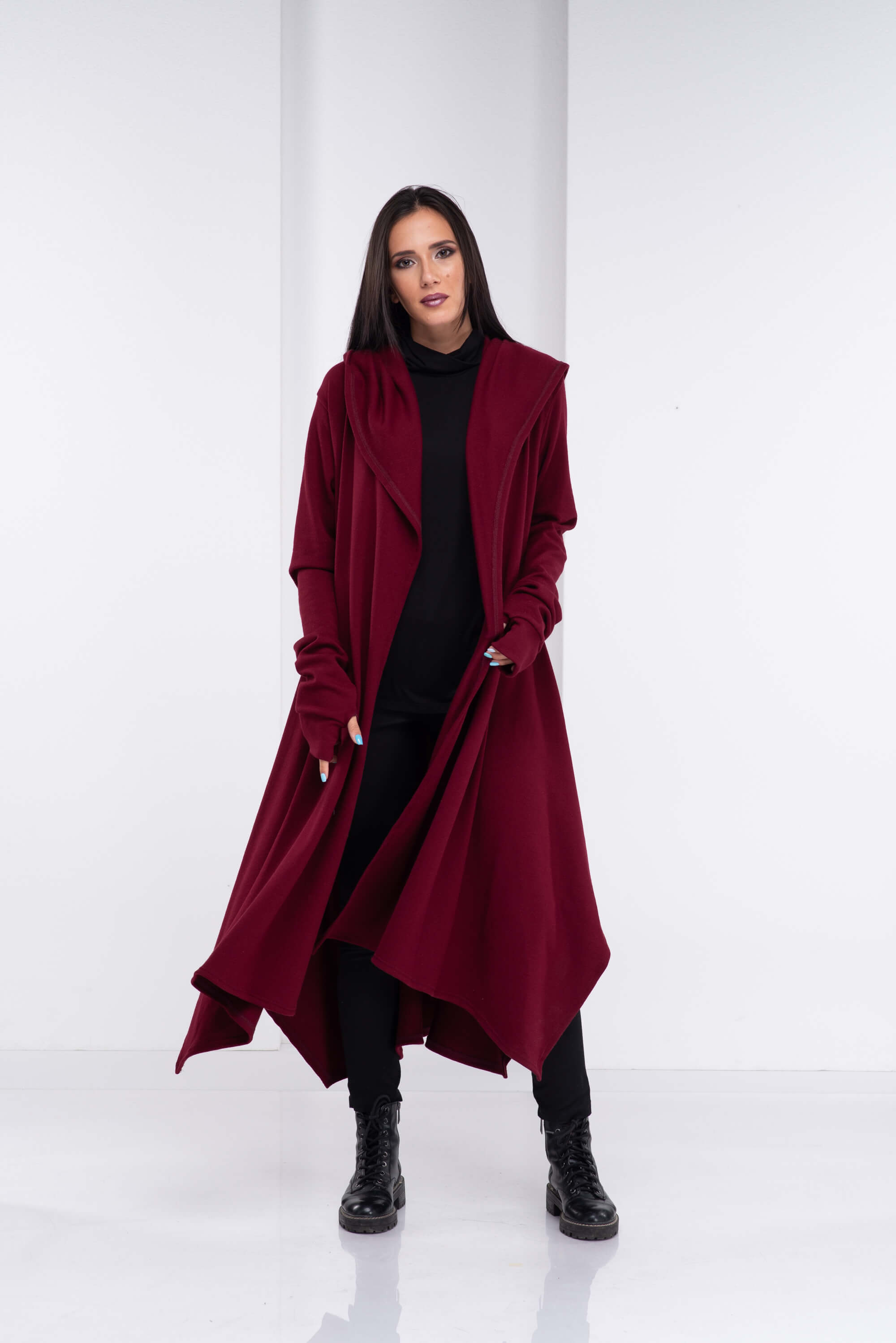 Burgundy Loose Cloak with Hood