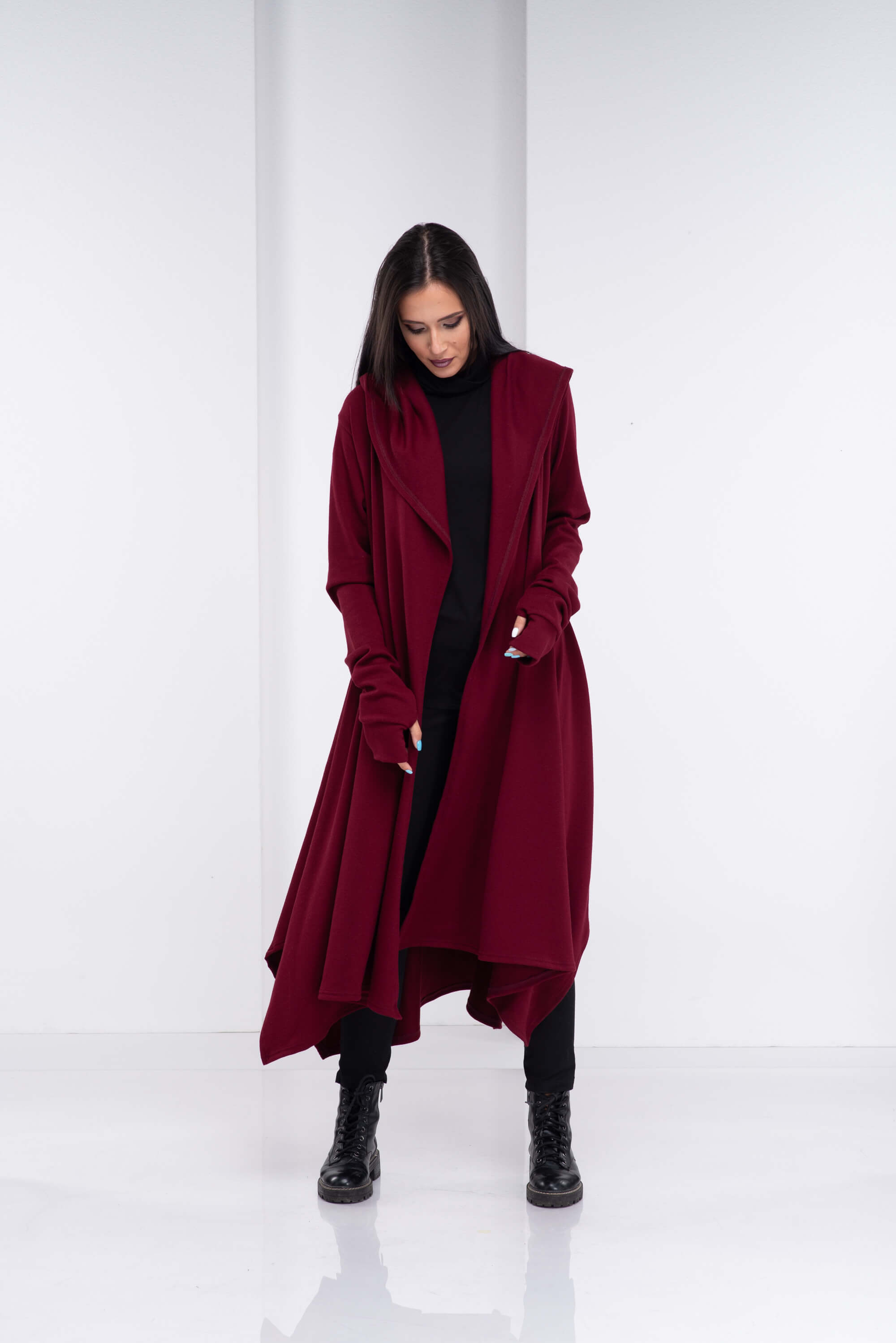 Burgundy Loose Cloak with Hood