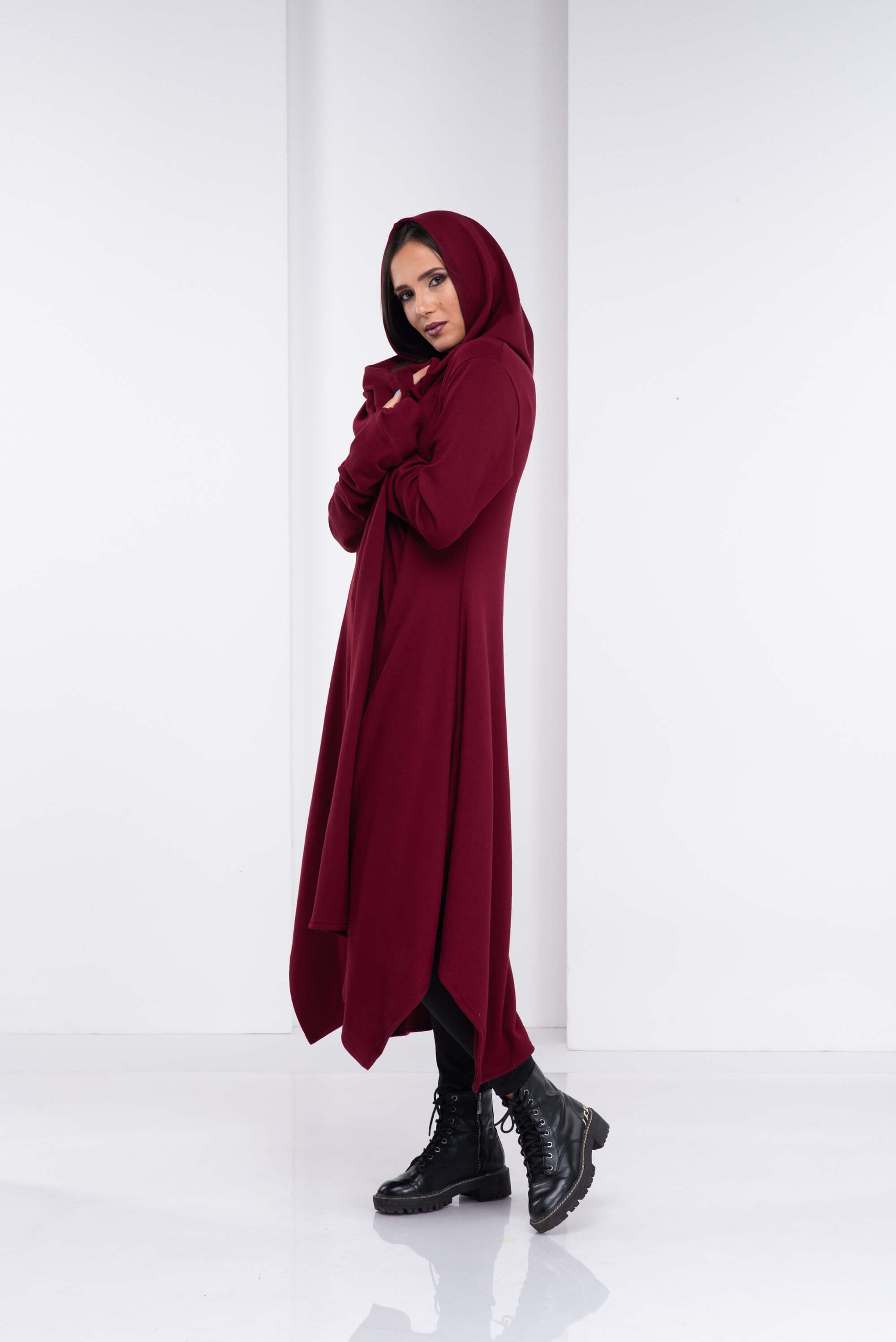 Burgundy Loose Cloak with Hood