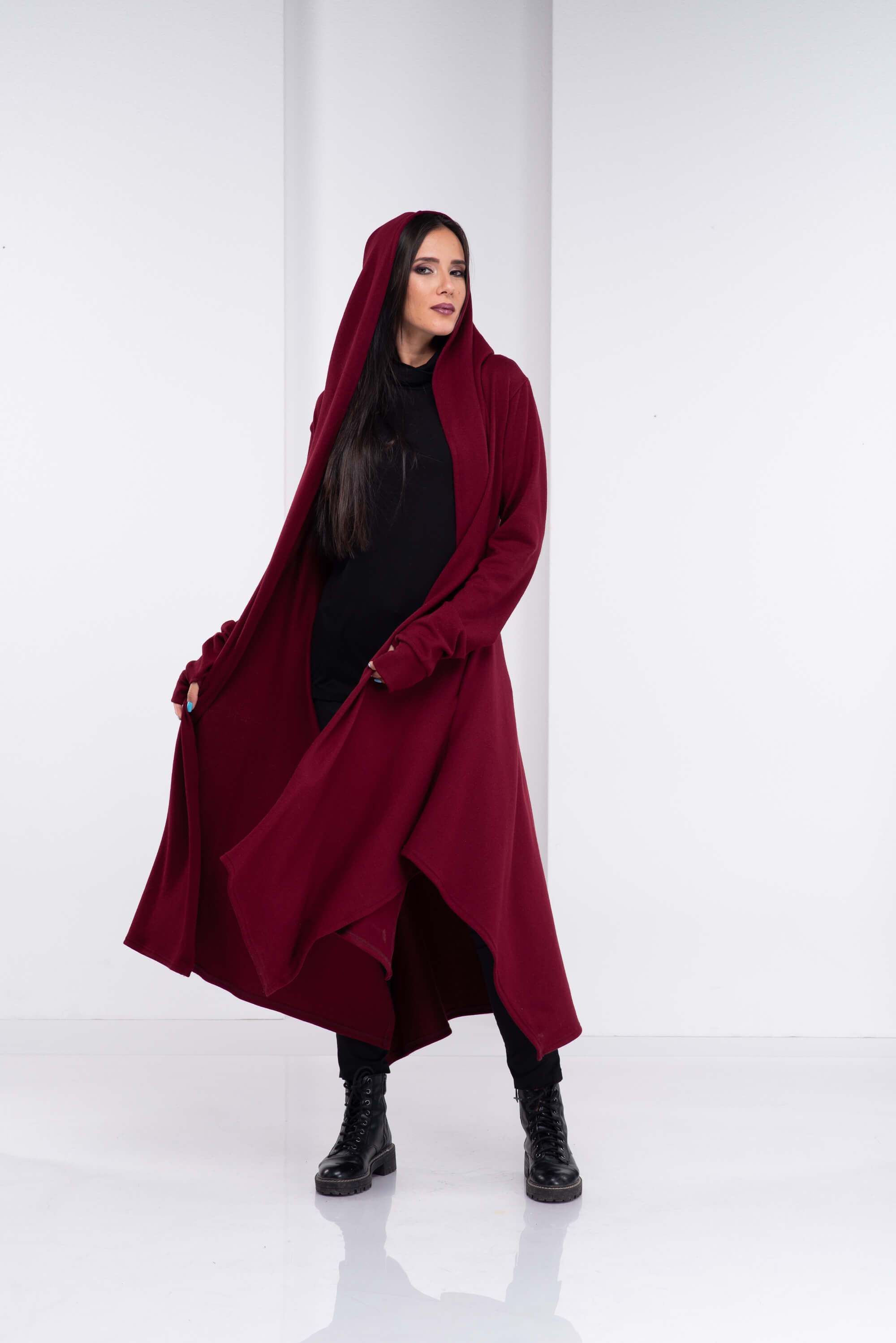 Burgundy Loose Cloak with Hood