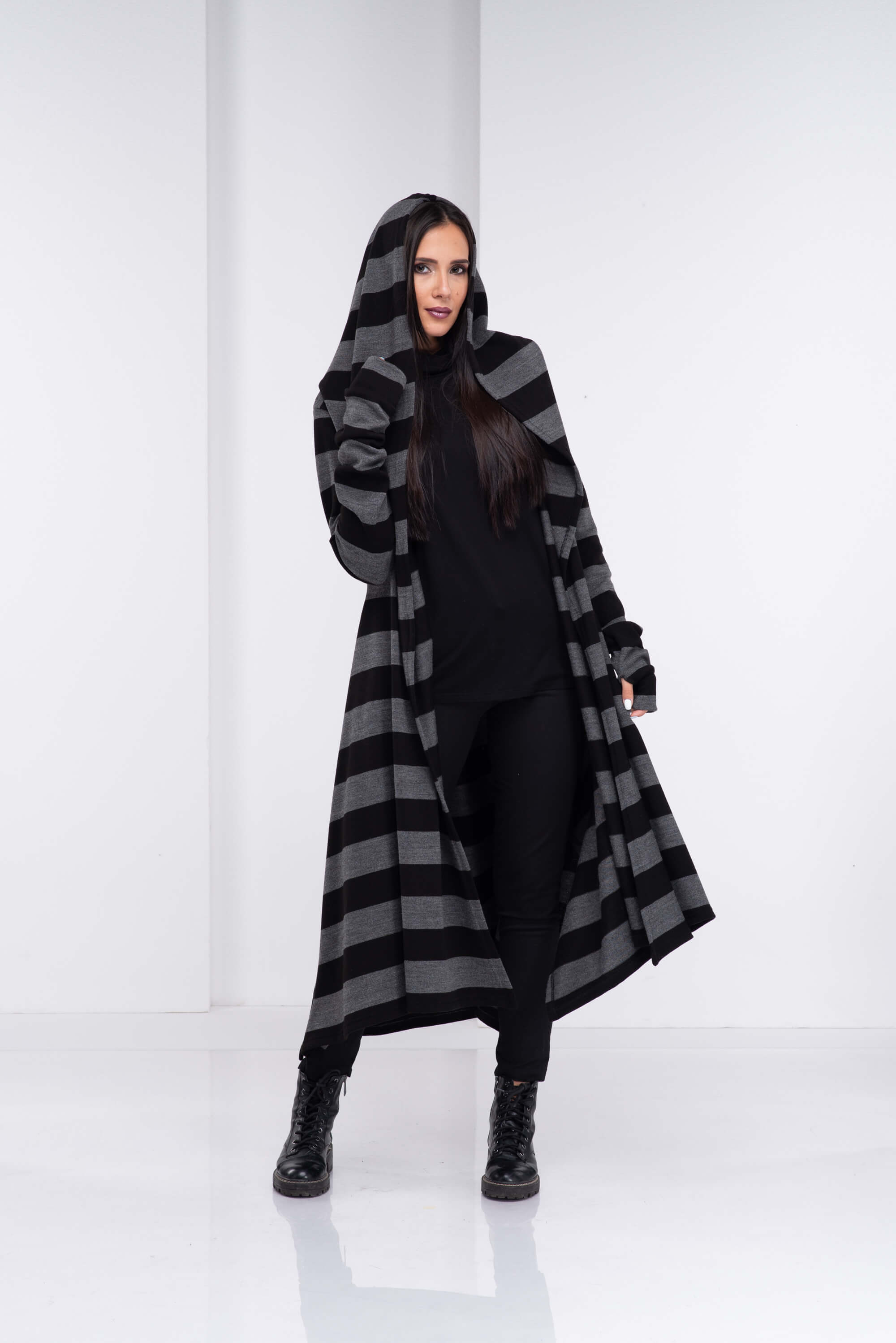 Black and Dark Grey Loose Cloak with Hood