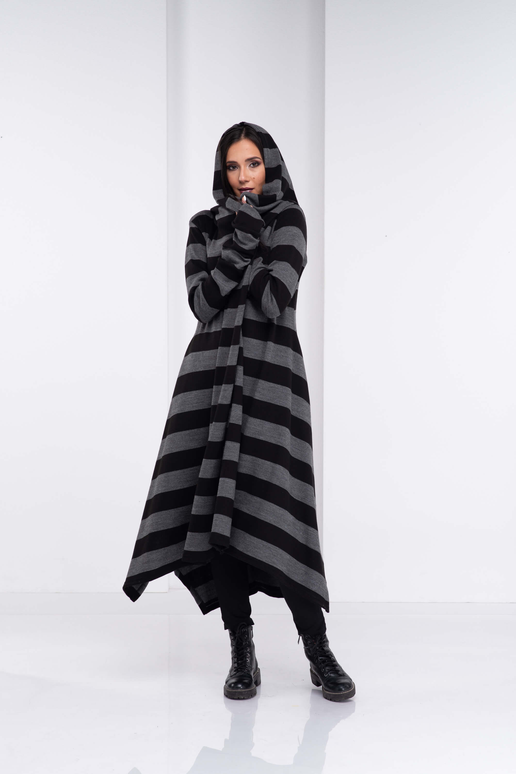 Black and Dark Grey Loose Cloak with Hood