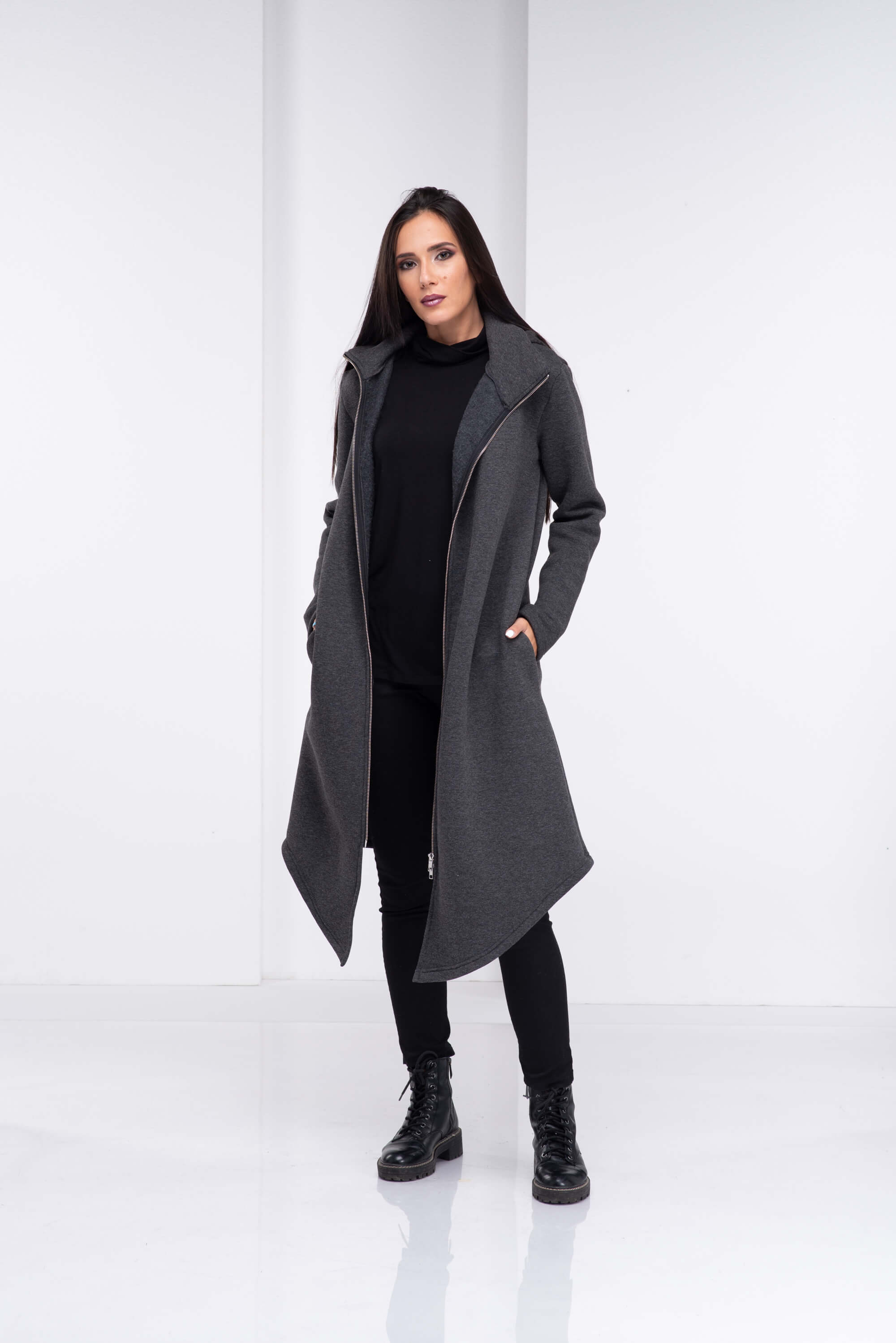 Dark Grey Asymmetrical Long Hoodie