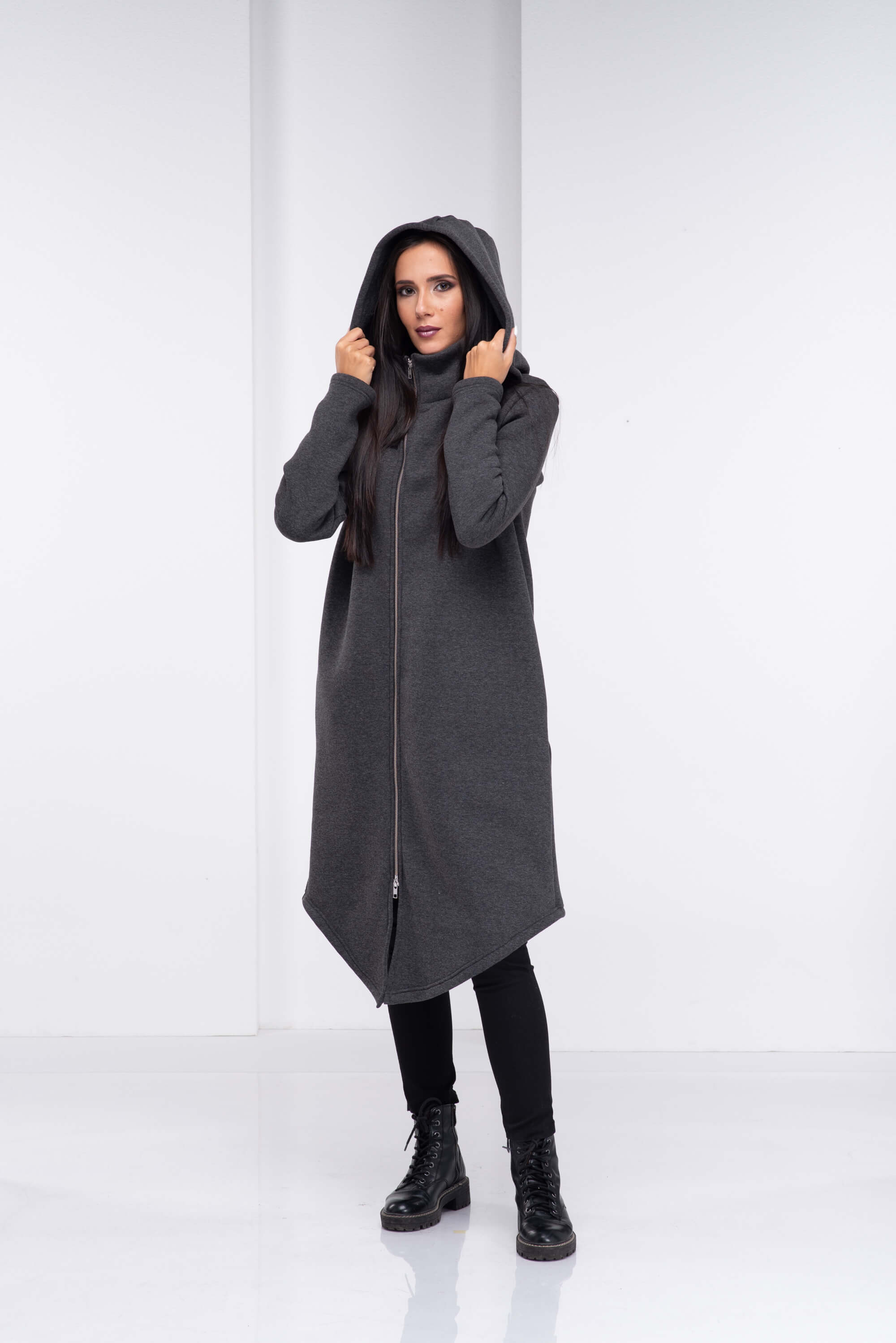 Dark Grey Asymmetrical Long Hoodie