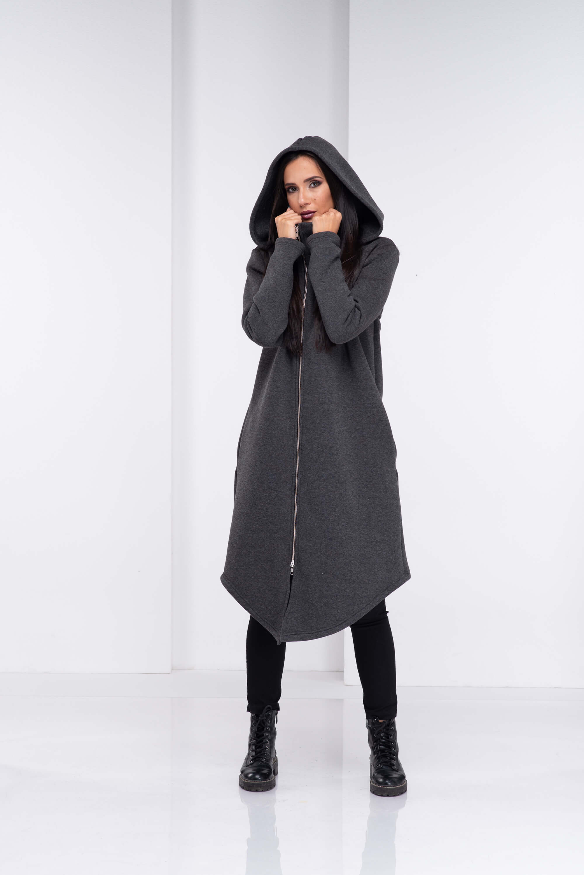 Dark Grey Asymmetrical Long Hoodie