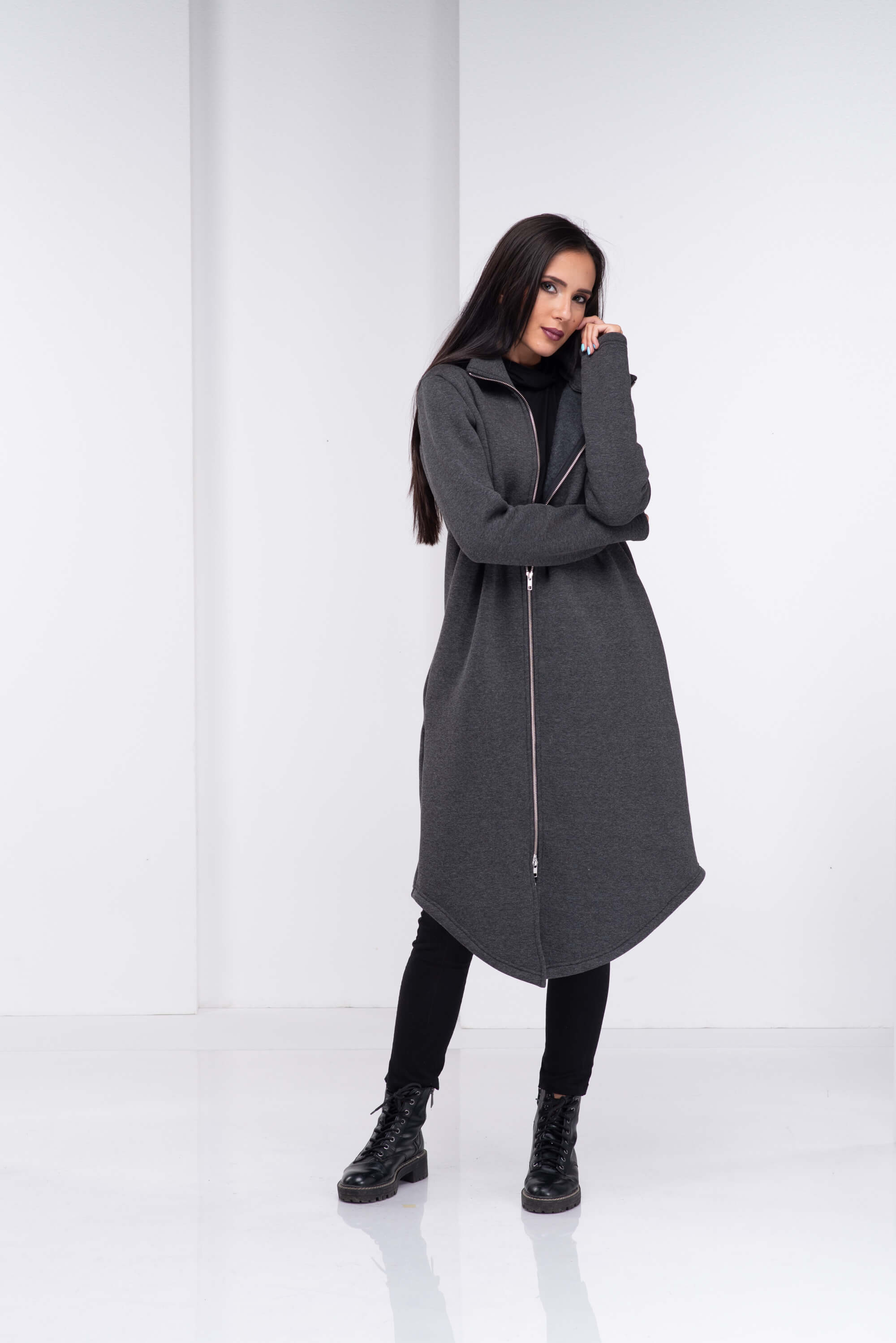 Dark Grey Asymmetrical Long Hoodie