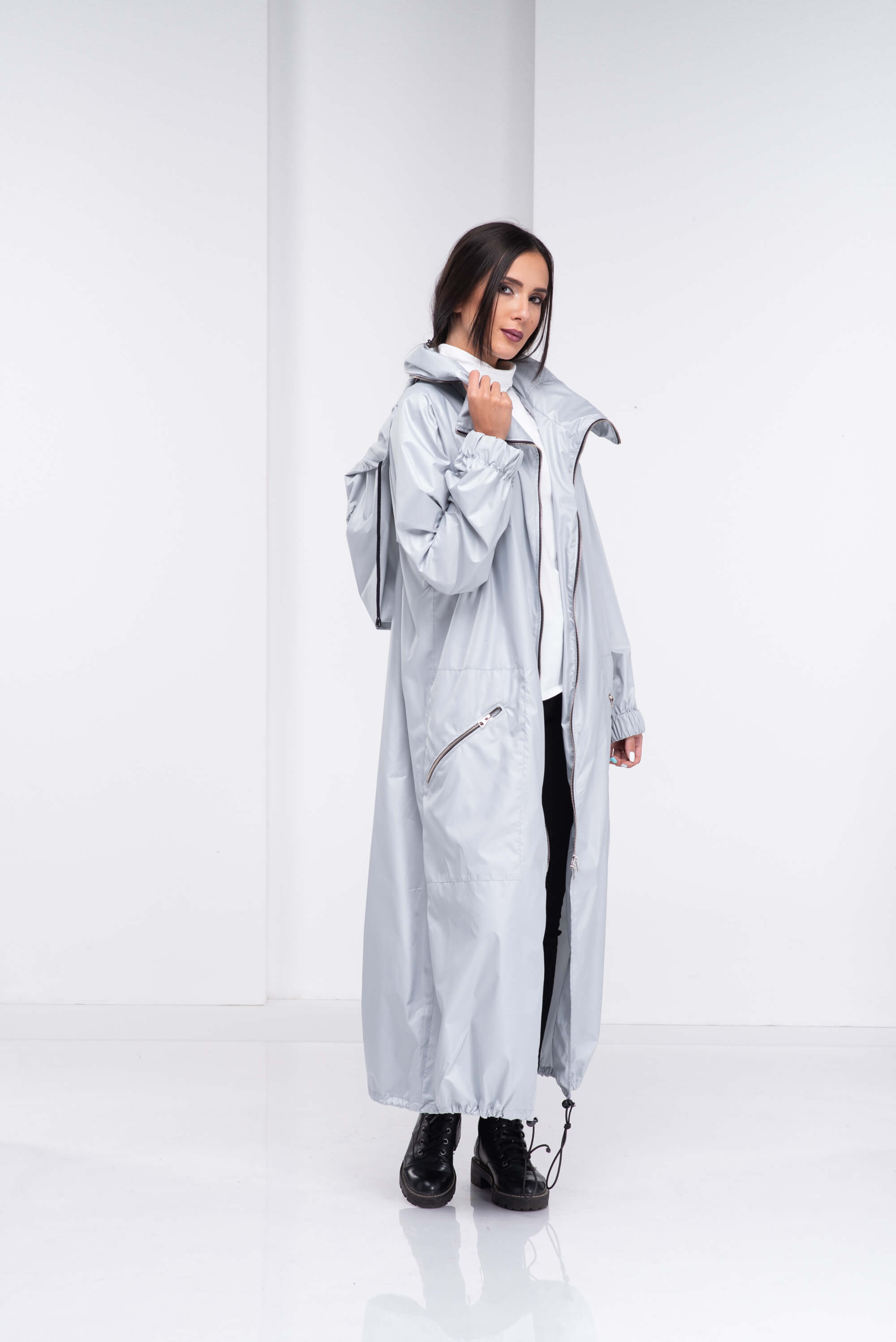 Light Grey Hooded Long Rain Jacket