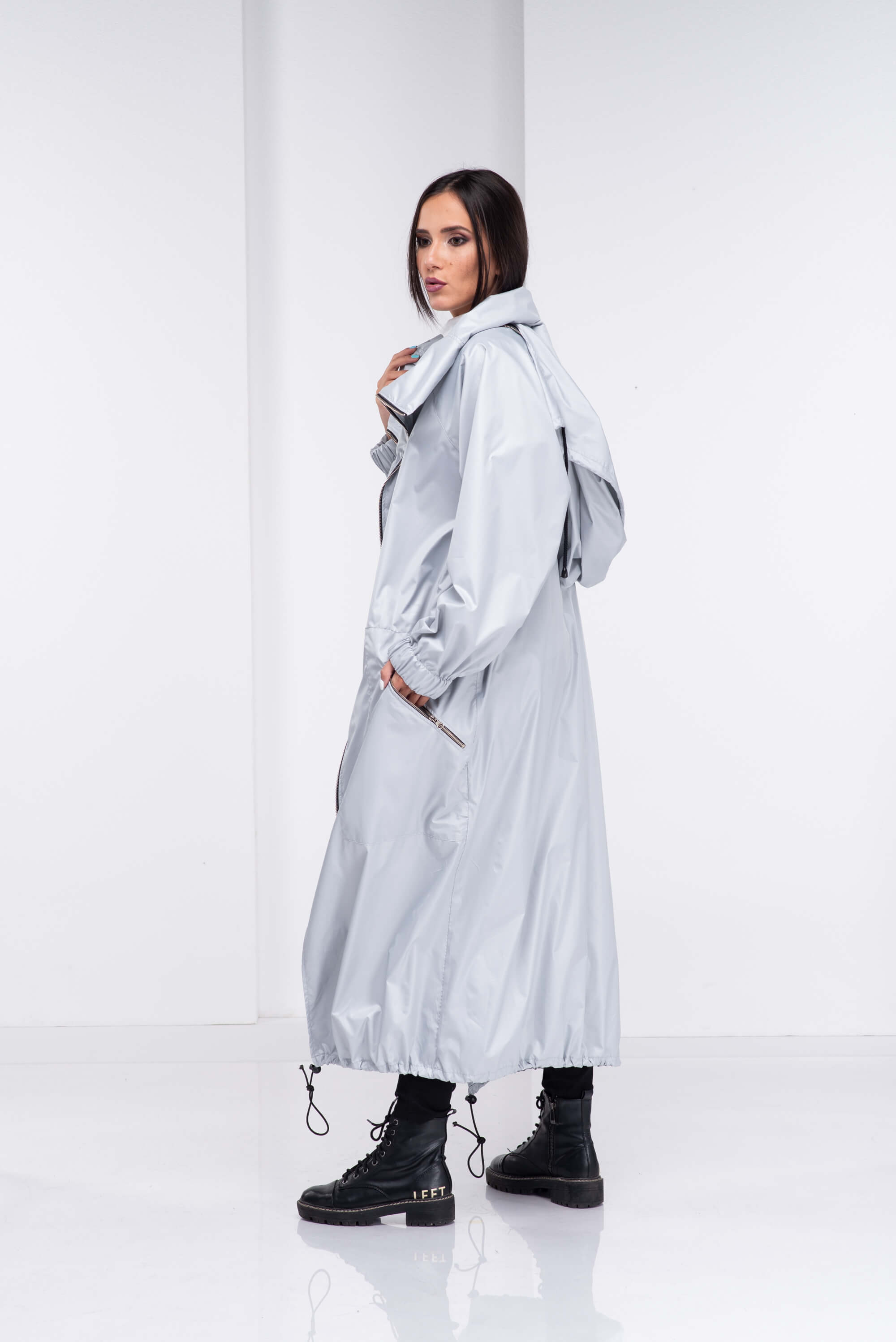 Light Grey Hooded Long Rain Jacket