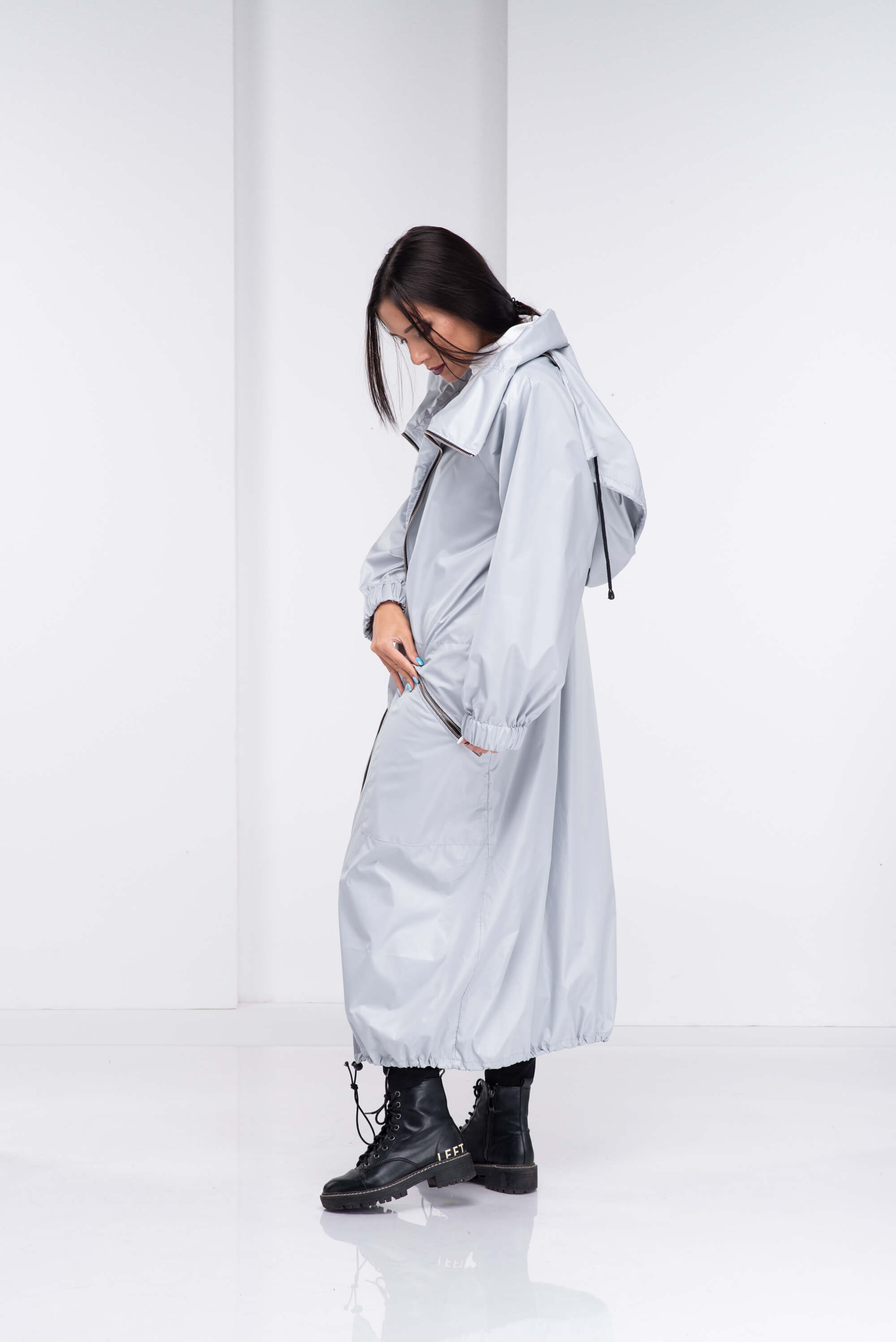 Light Grey Hooded Long Rain Jacket