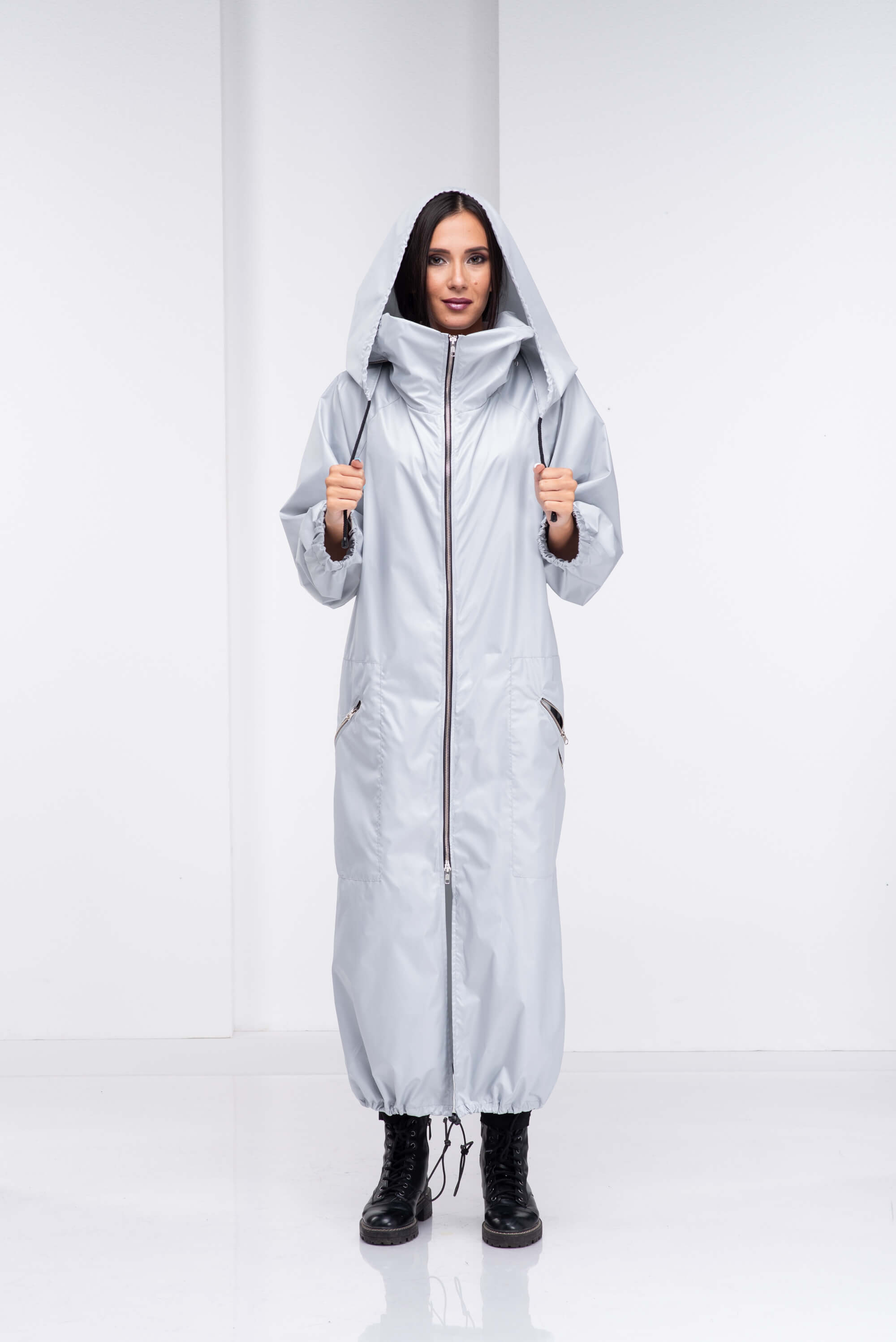 Light Grey Hooded Long Rain Jacket