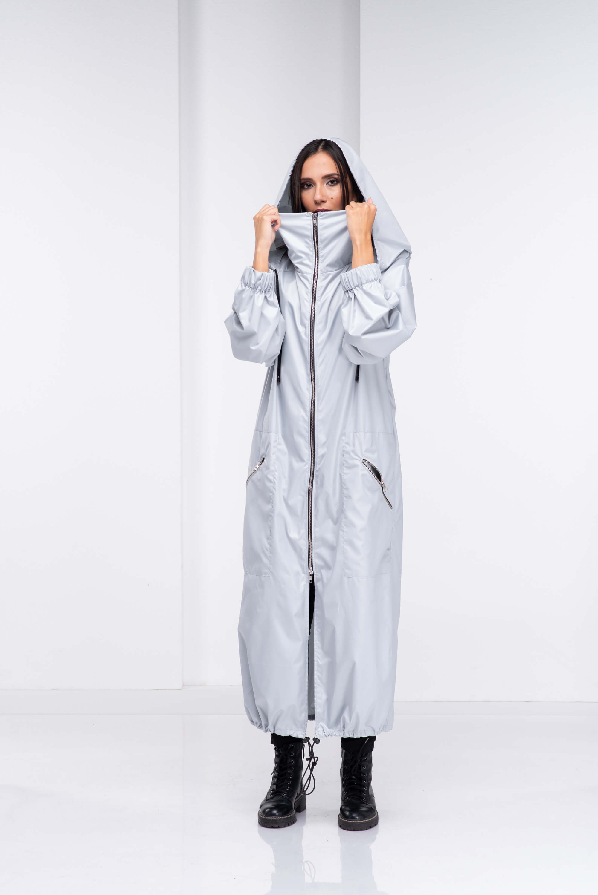 Light Grey Hooded Long Rain Jacket