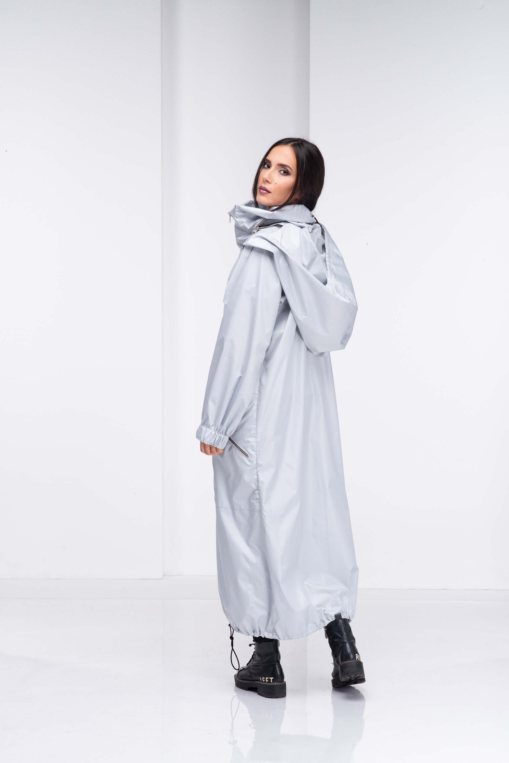 Light Grey Hooded Long Rain Jacket