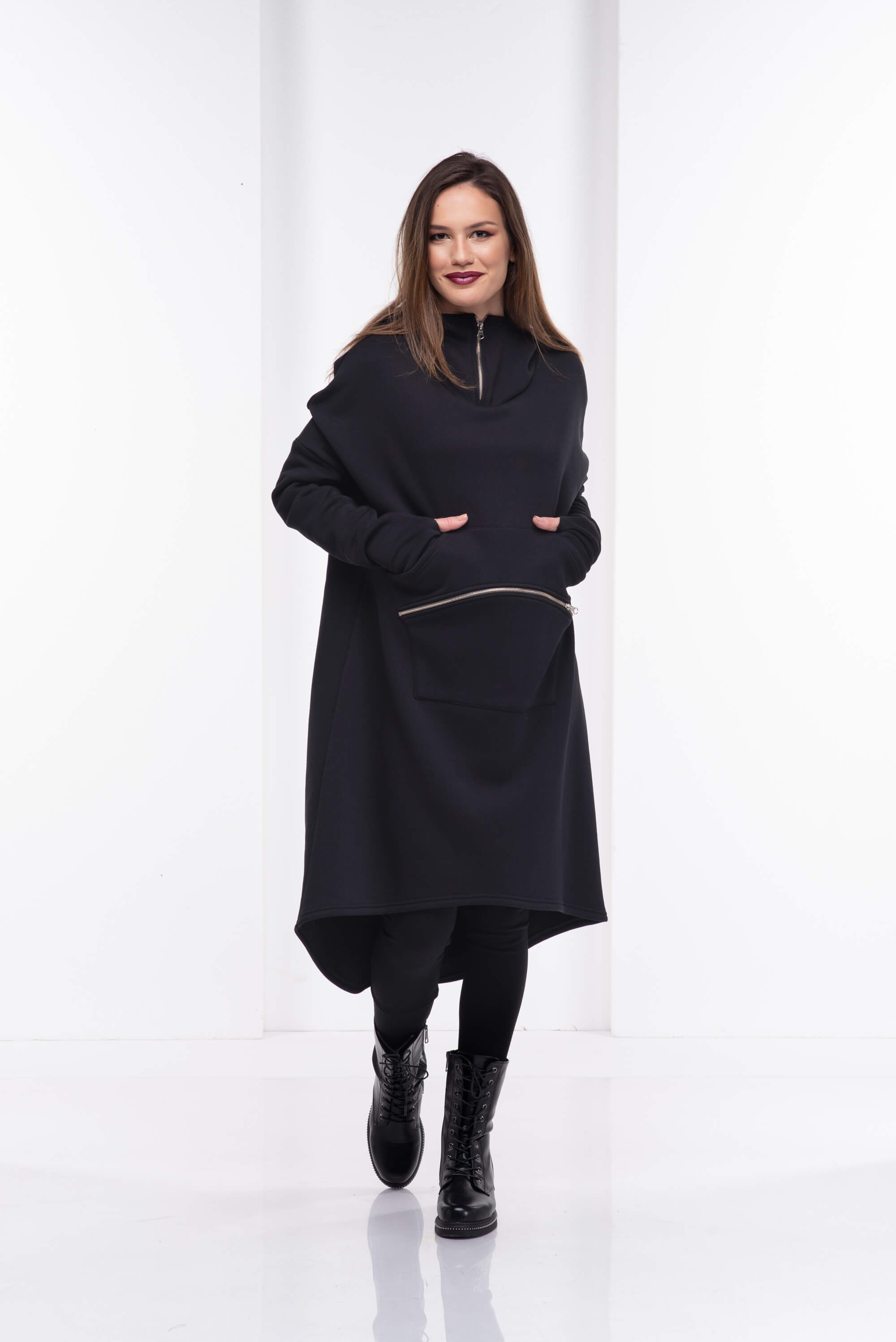 Black Long Hooded Sweatshirt Tunic