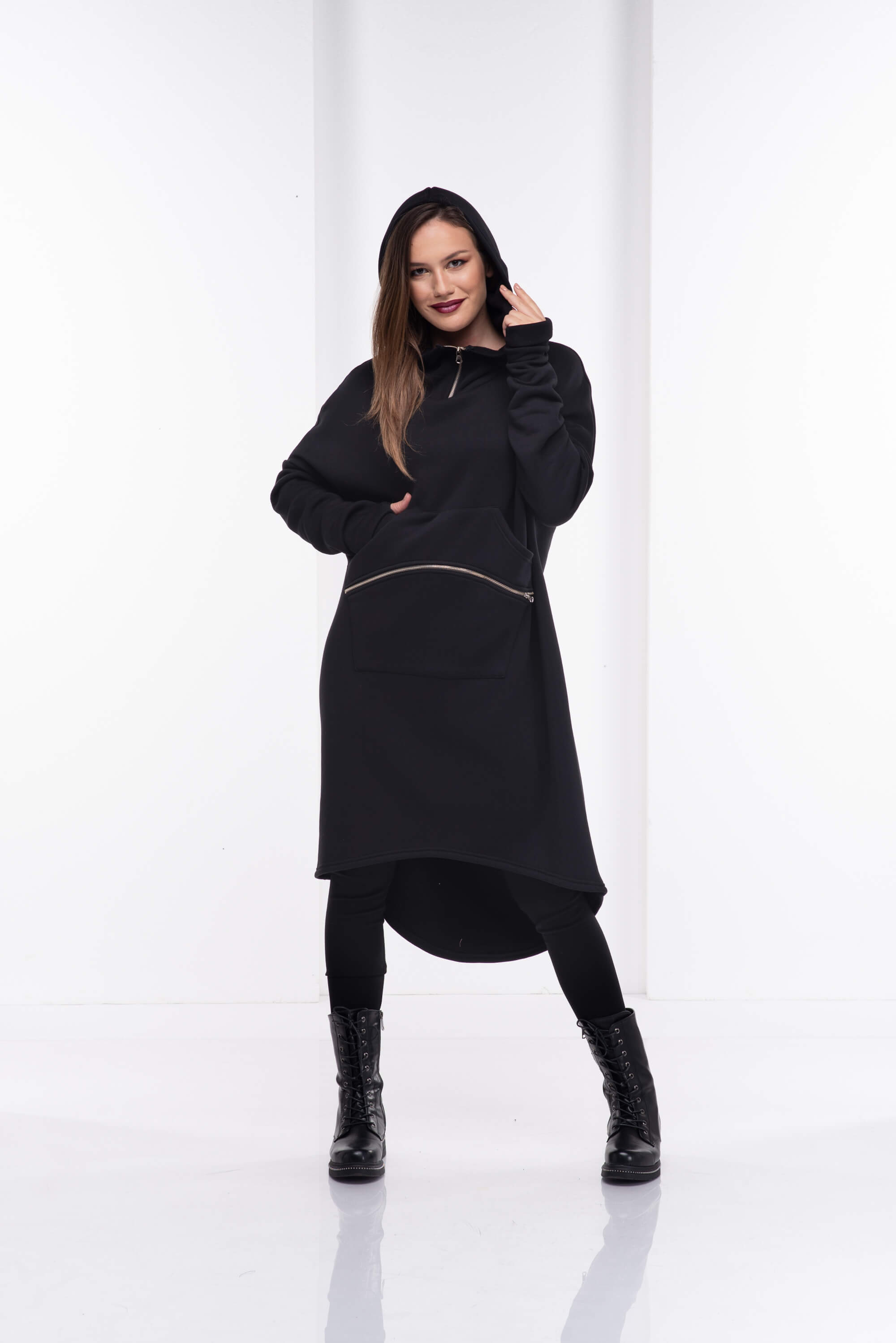 Black Long Hooded Sweatshirt Tunic