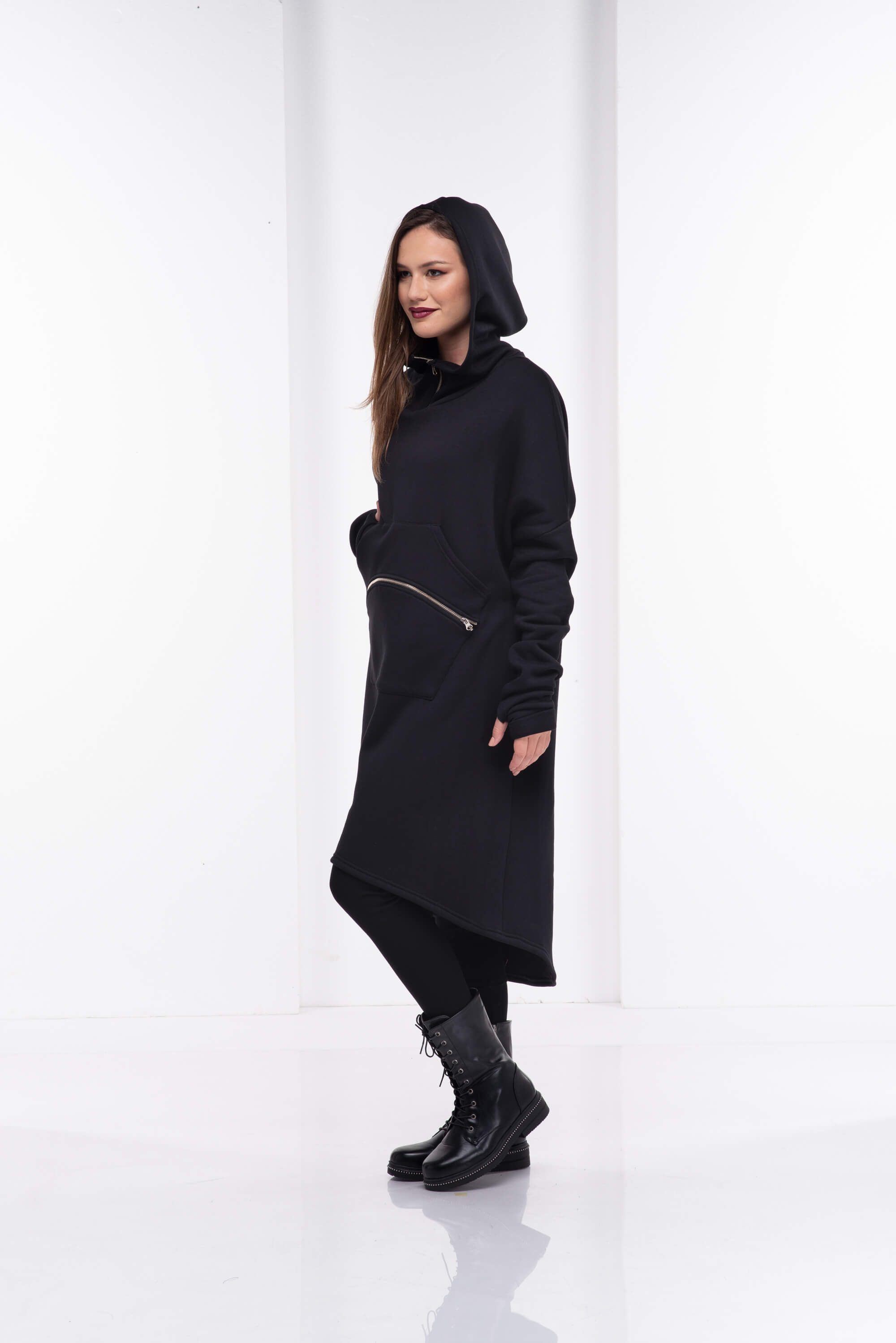 Black Long Hooded Sweatshirt Tunic