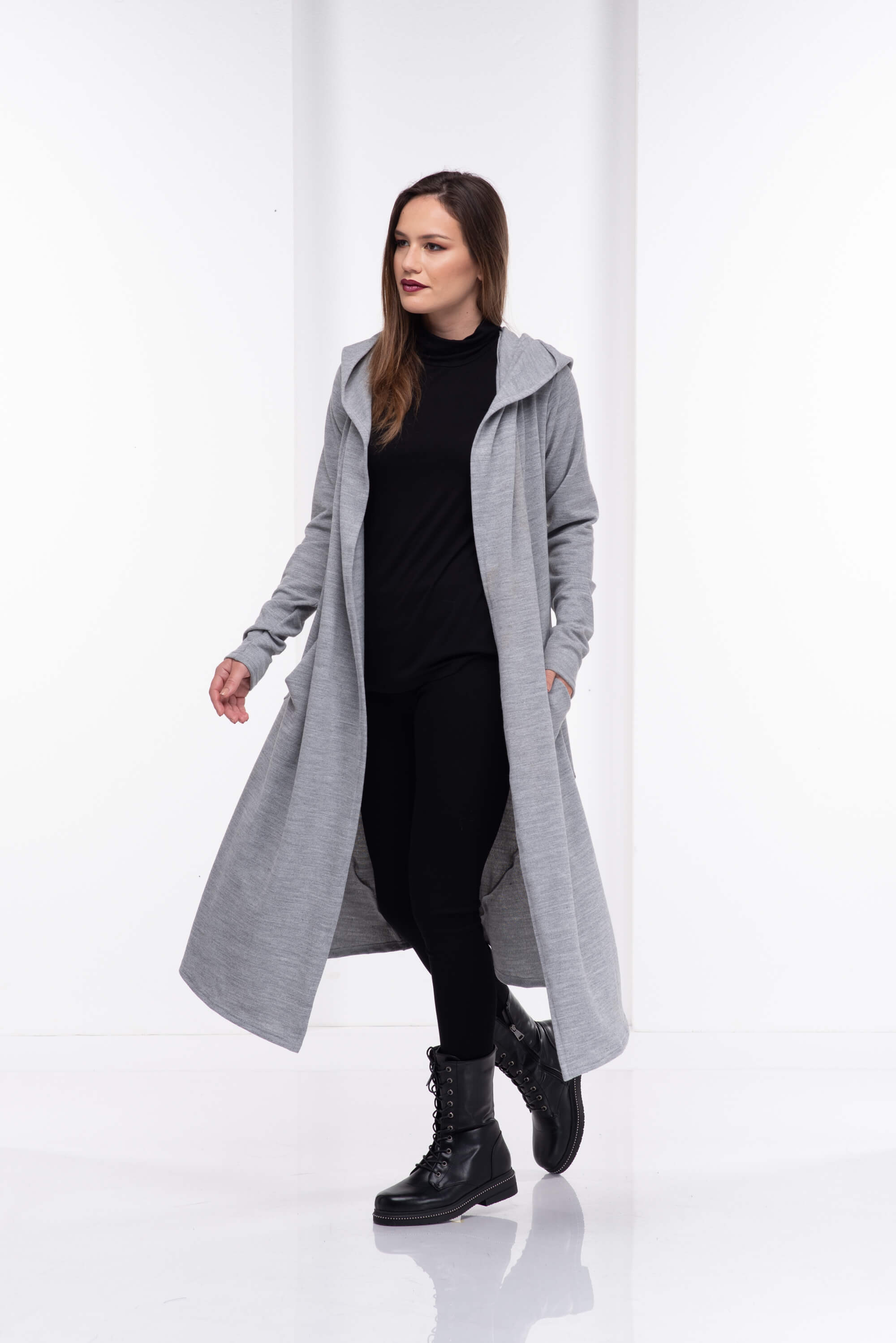 Light Grey Winter Hooded Cardigan Coat